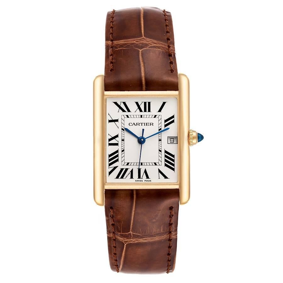 Cartier Tank Louis 18K Yellow Gold Brown Strap Mens Watch W1529756. Quartz movement. 18k yellow gold case 25.0 x 33.0 mm. Circular grained crown set with a blue sapphire cabochon. . Scratch resistant sapphire crystal. Silvered opaline dial. Painted