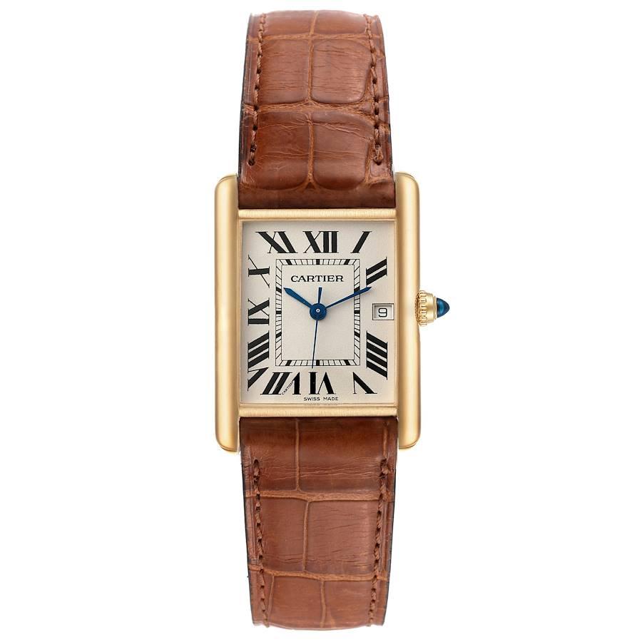 Cartier Tank Louis 18K Yellow Gold Brown Strap Mens Watch W1529756. Quartz movement. 18k yellow gold case 25.0 x 33.0 mm. Circular grained crown set with a blue sapphire cabochon. . Scratch resistant sapphire crystal. Silvered opaline dial. Painted