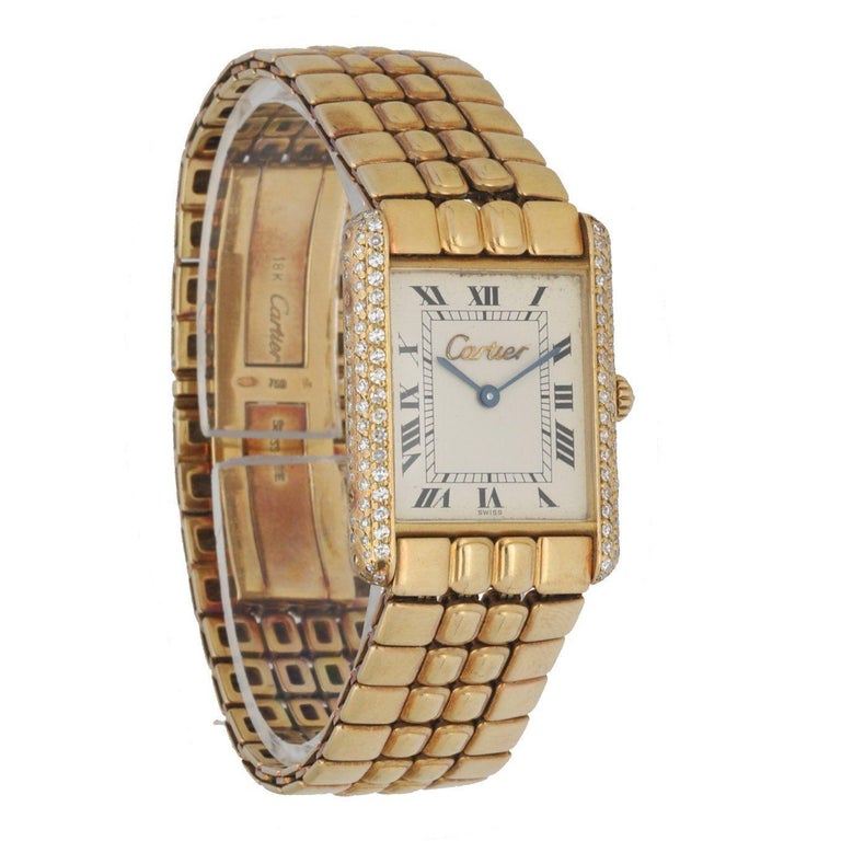 Cartier Tank Louis 18K Yellow Gold Diamond Bezel Ladies Watch In Excellent Condition In Great Neck, NY