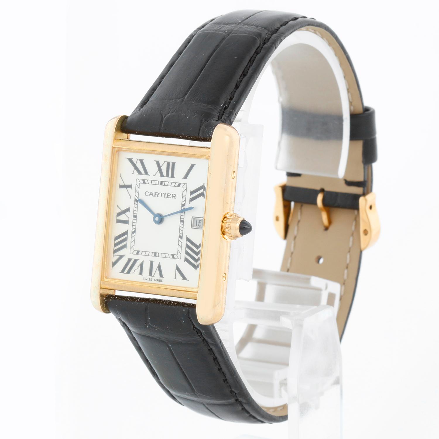 Cartier Tank Louis 18K Yellow Unisex Gold Watch W1529756 2441 - Quartz. 18K Yellow Gold ( 26 x 34 mm ). Flat Ivory dial with Roman numerals; date at 3 o'clock. Cartier alligator strap with Cartier tang gold buckle. Pre-owned with Custom box.