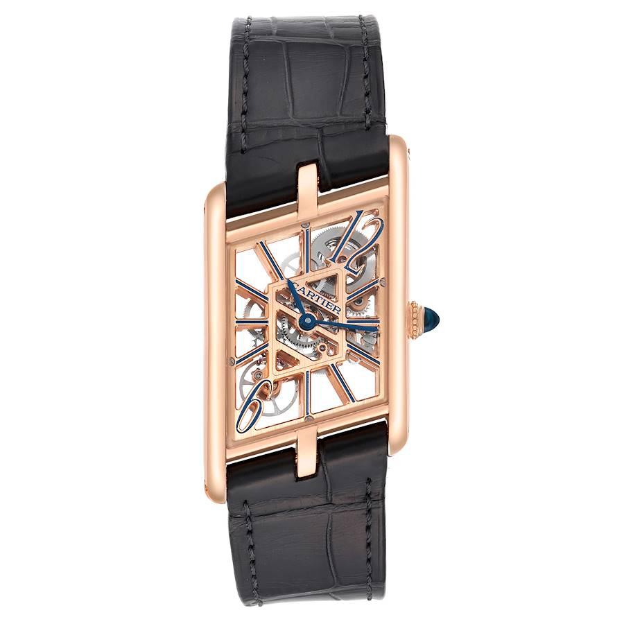 Cartier Tank Louis Asymetrique Skeleton Rose Gold Mens Watch WHTA0011 Box Card. Manual-winding movement. 18k rose gold case 47.17 x 26.20 mm. Circular grained crown set with the blue sapphire cabochon. . Scratch resistant sapphire crystal. Skeleton