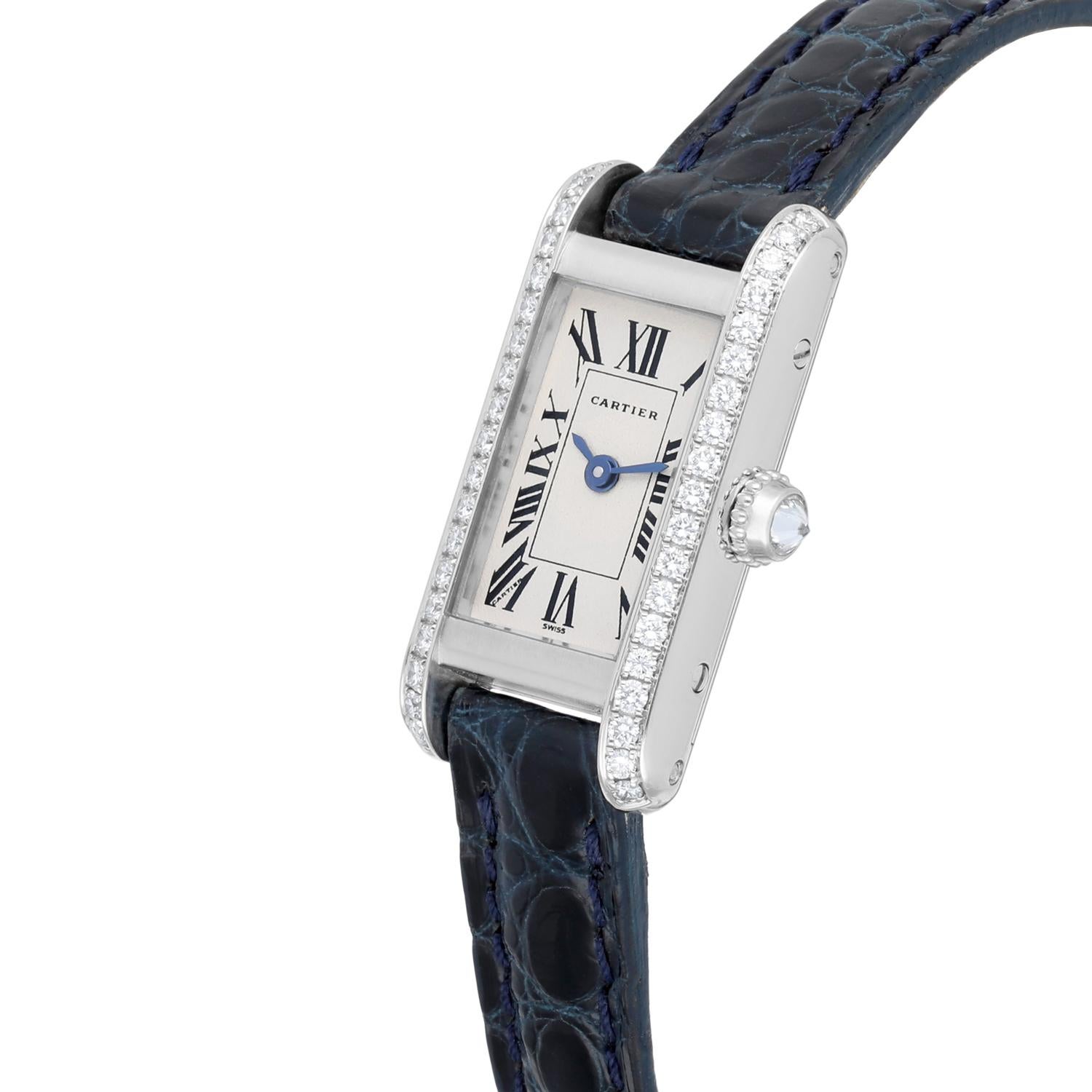 Cartier Tank Louis Cartier Weißgold Diamant Damenuhr am Lederband 1381 im Zustand „Hervorragend“ in New York, NY
