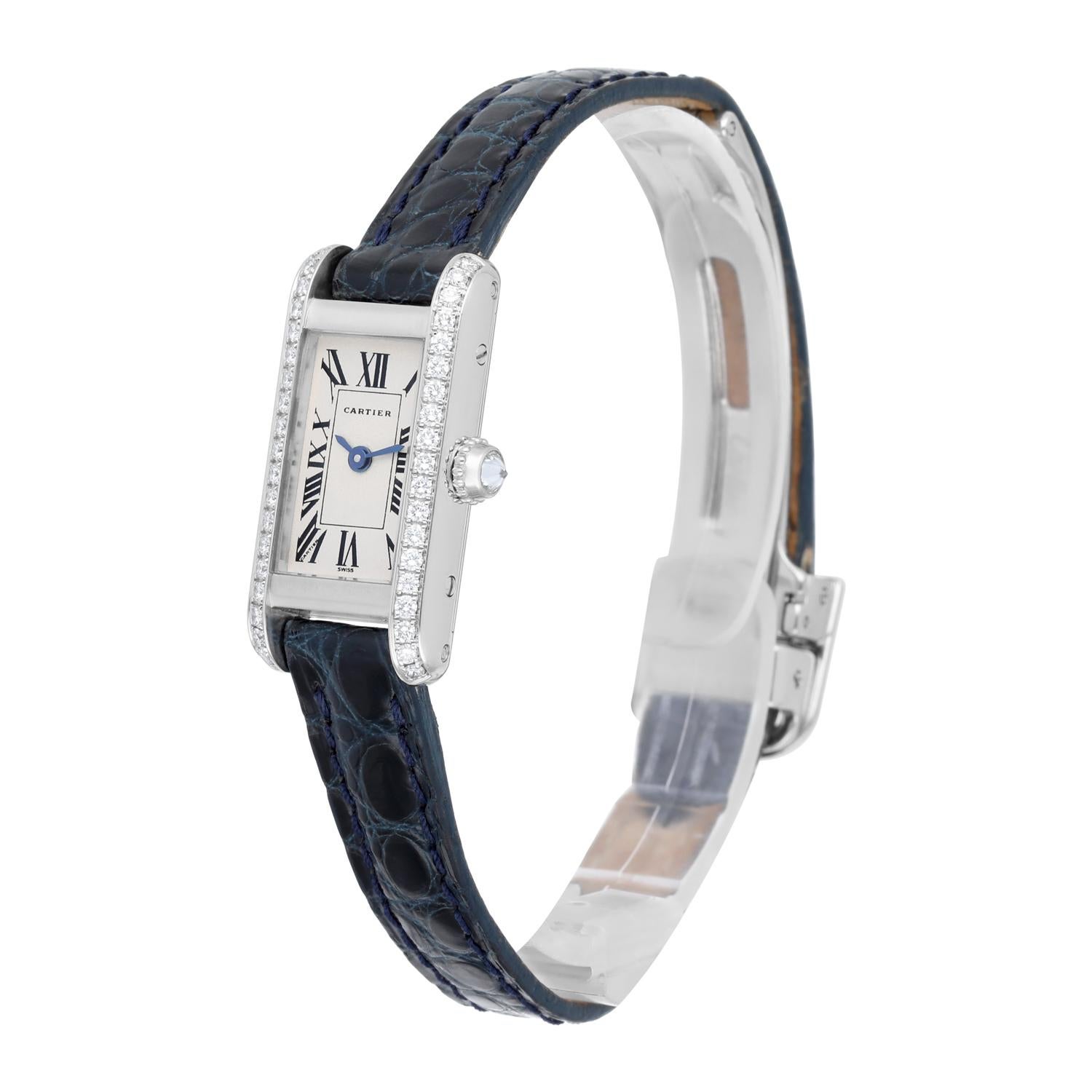 Cartier Tank Louis Cartier Weißgold Diamant Damenuhr am Lederband 1381 1