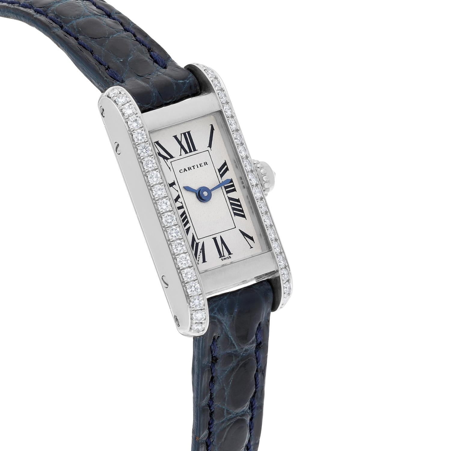 Cartier Tank Louis Cartier Weißgold Diamant Damenuhr am Lederband 1381 2
