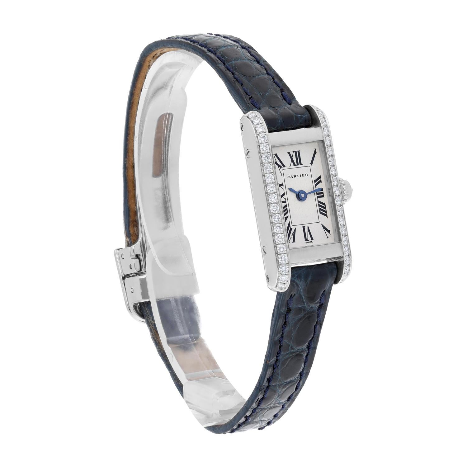 Cartier Tank Louis Cartier Weißgold Diamant Damenuhr am Lederband 1381 3