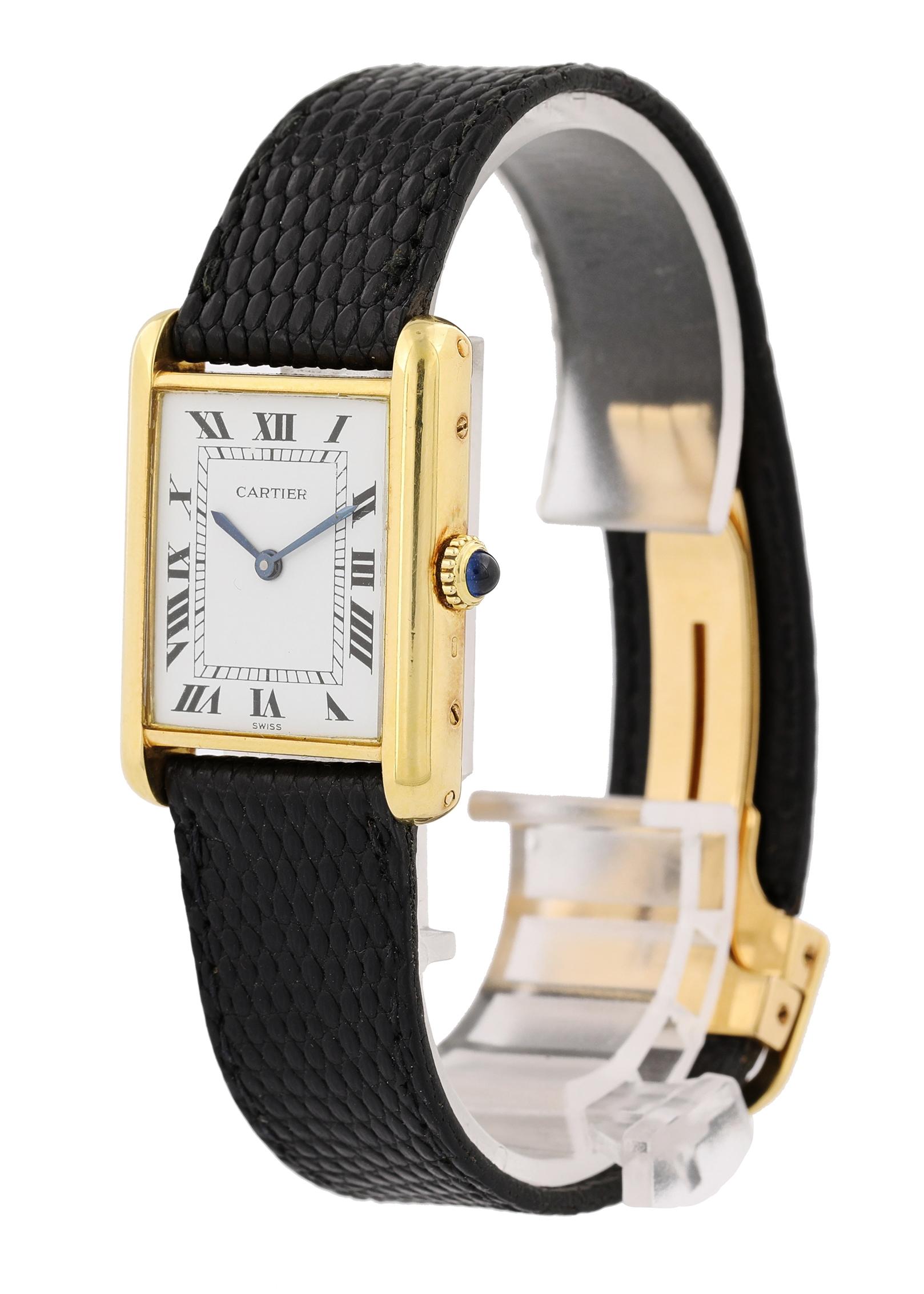 Cartier Tank Louis Ladies Watch. 
24mm 18k Yellow Gold case. 
Yellow Gold Stationary bezel. 
White dial with Blue steel hands and Roman numeral hour markers. 
Minute markers on the inner dial. 
Leather Lizard Strap with Fold Over Clasp.
Will fit up