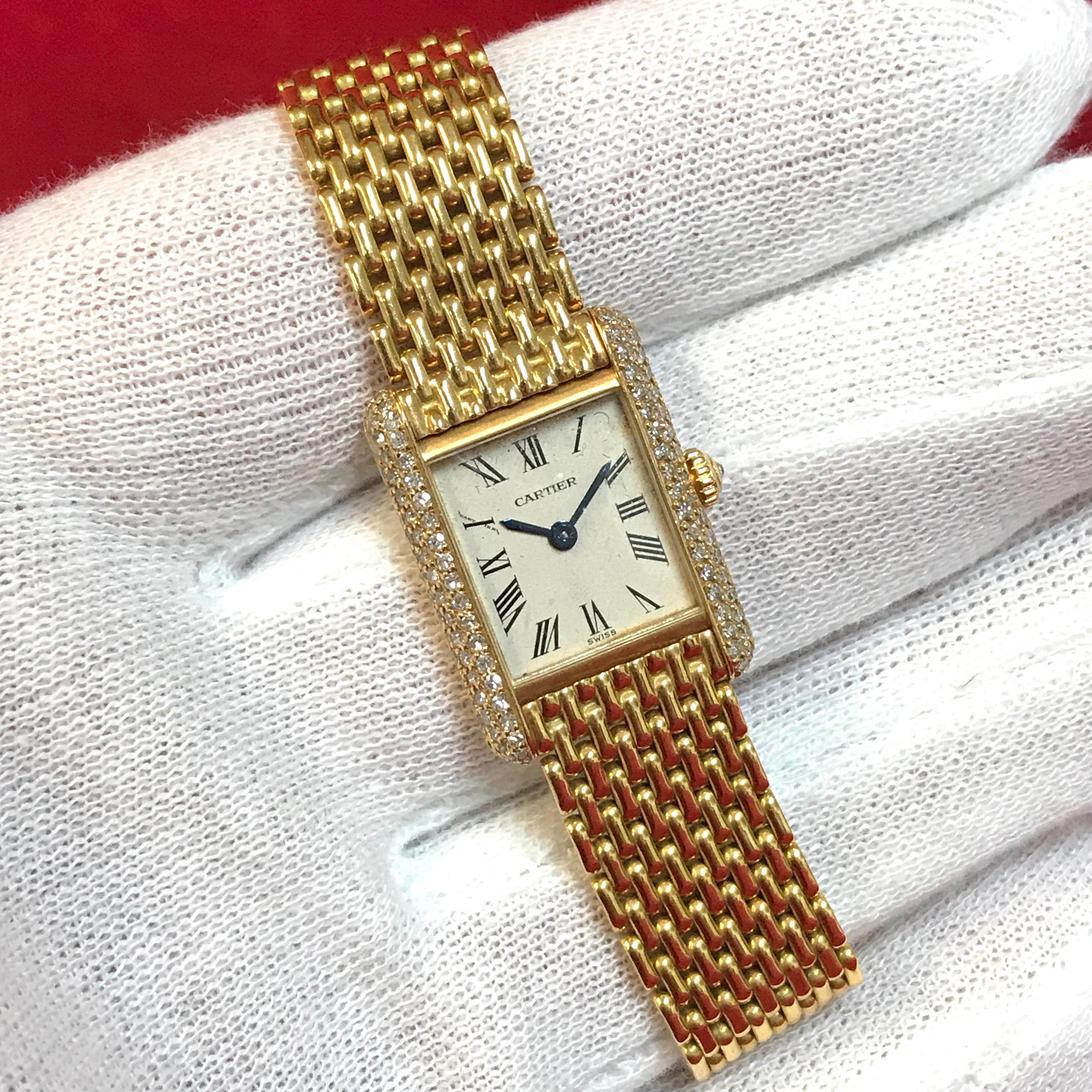 Cartier Tank Louis Ladies Wrist Watch, 18 Karat Gold and Diamonds 4