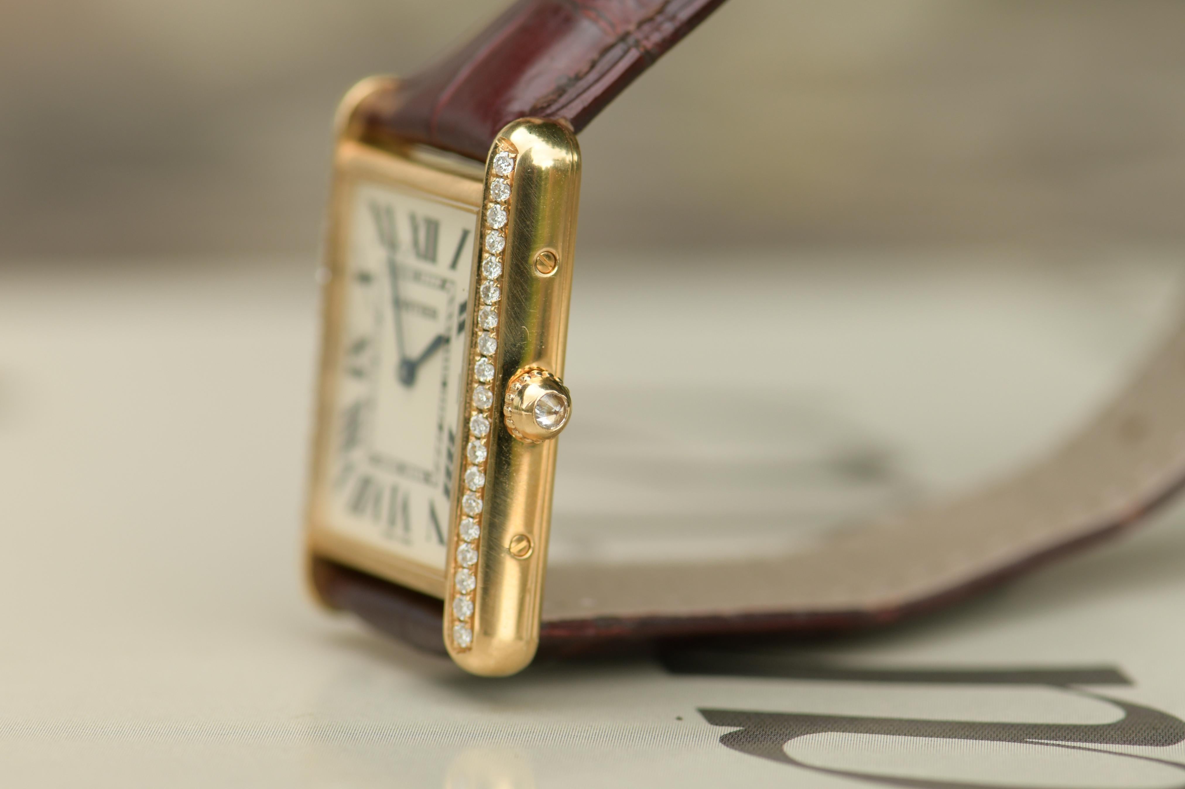 Cartier Tank Louis große 18k Gelbgold Lederarmband Uhr W1529756 für Damen oder Herren