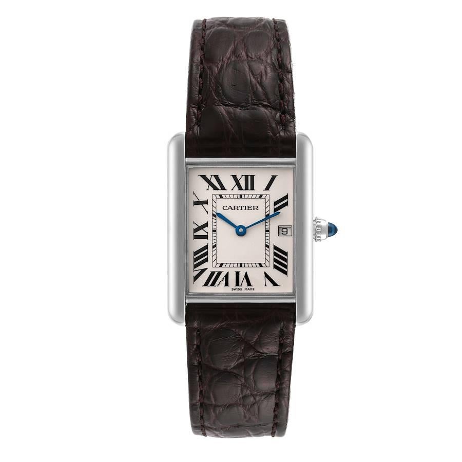 Cartier Tank Louis Large White Gold Black Strap Mens Watch W1540956. Quartz movement. 18k white gold case 25.0 x 33.0 mm. Circular grained crown set with blue sapphire cabochon. . Scratch resistant sapphire crystal. Silvered grained dial. Painted