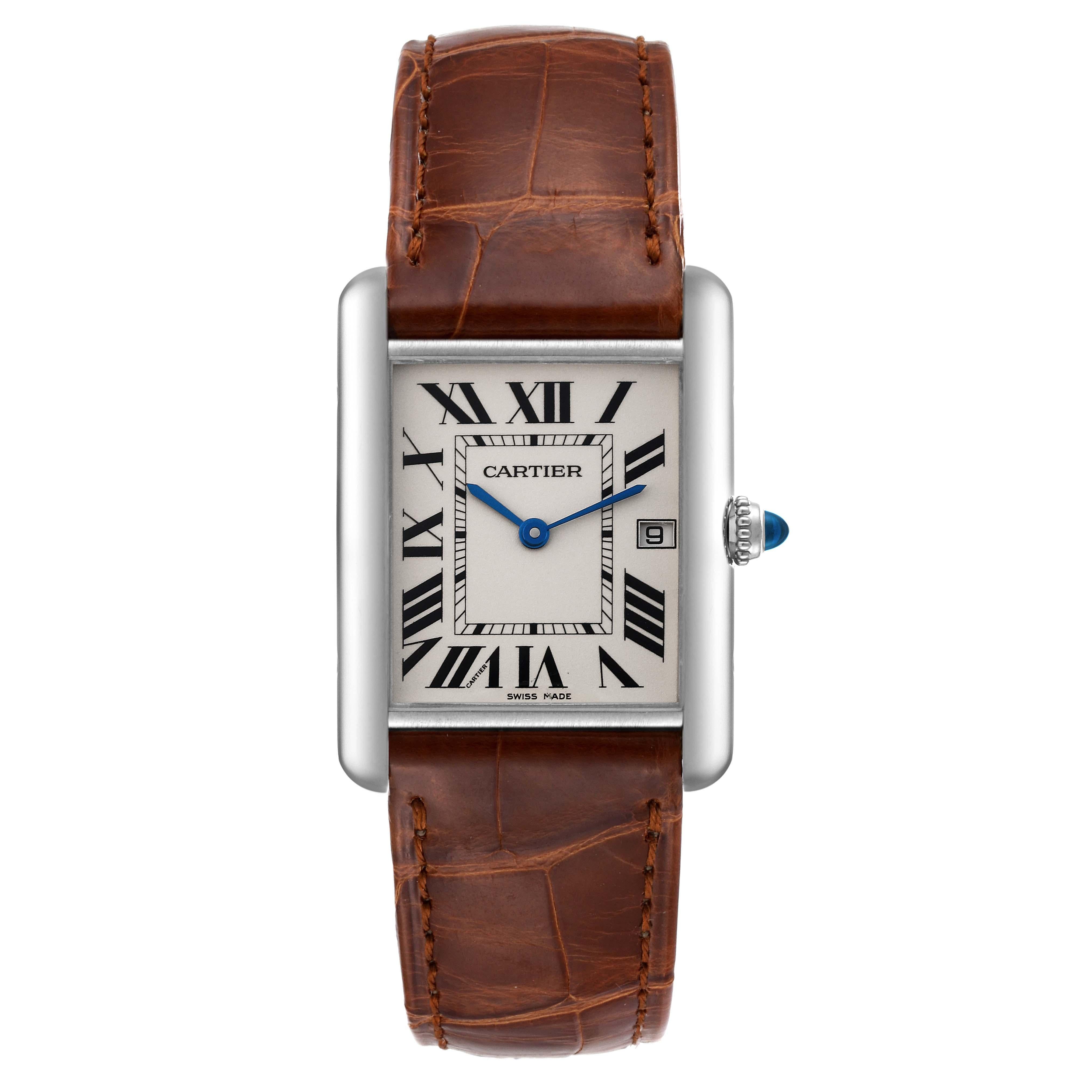 Cartier Tank Louis Large White Gold Brown Strap Mens Watch W1540956. Quartz movement. 18k white gold case 25.0 x 33.0 mm. Circular grained crown set with blue sapphire cabochon. . Scratch resistant sapphire crystal. Silvered grained dial with black
