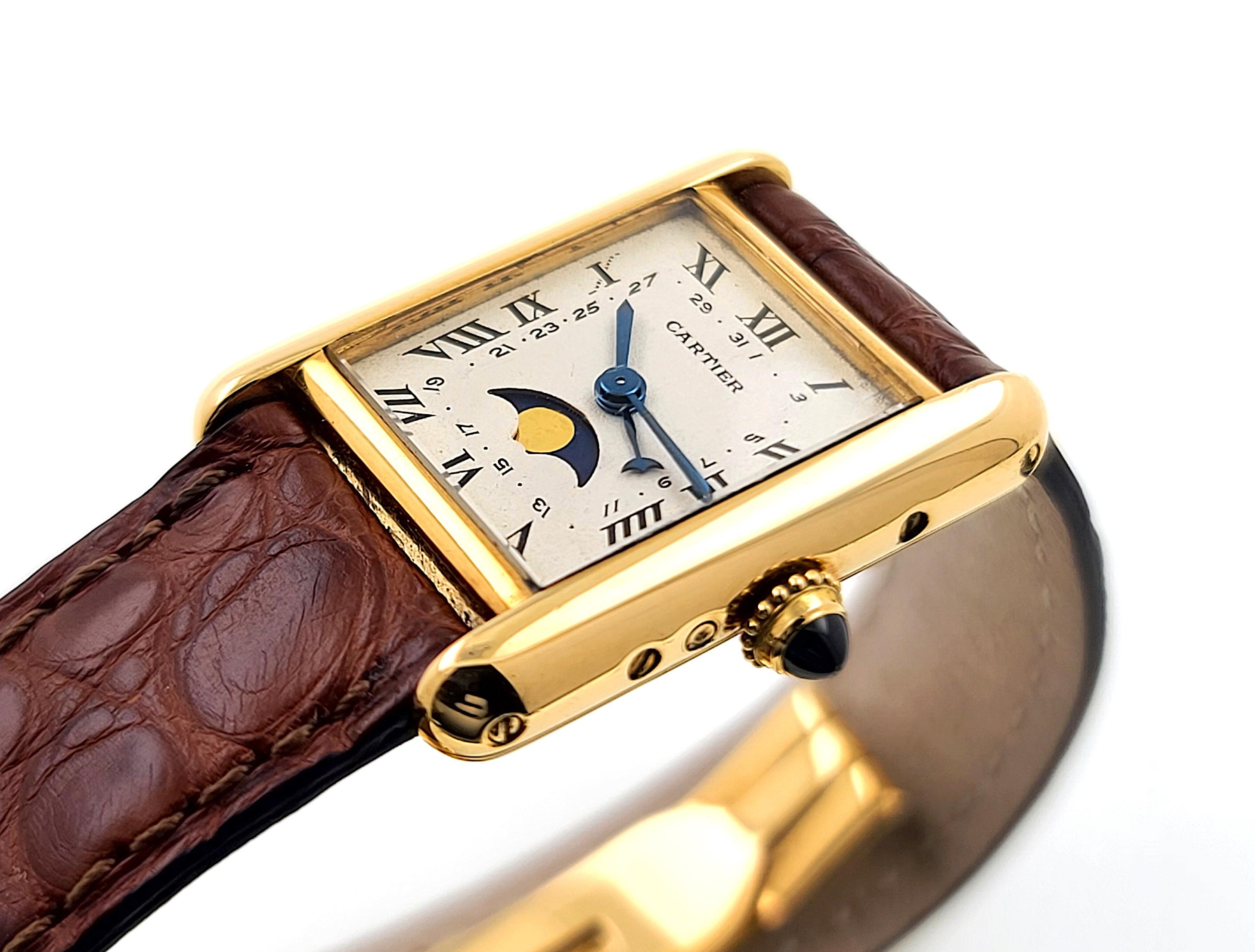 Cartier Tank Louis Moon phase Date 819003 LC Medium MM 18k Gold + Folding Clasp In Excellent Condition In PARIS, FR