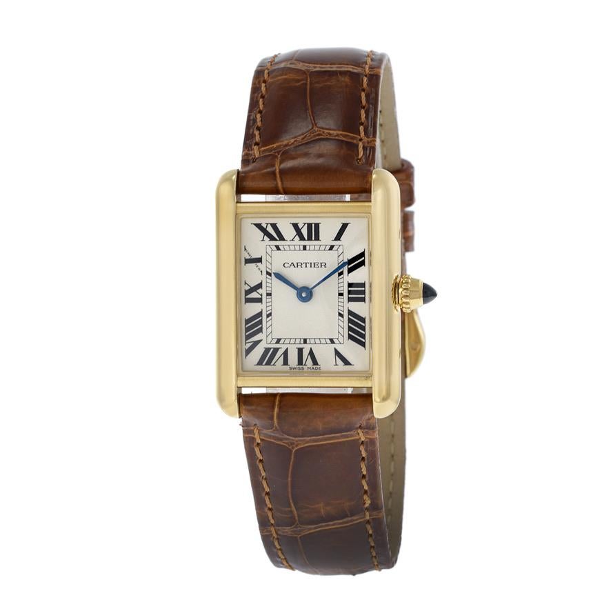 Pre-Owned Cartier Tank Louis Ref. 2442 18k yellow gold case 29.0 x 22.0 mm, Brown Strap Ladies Watch , Silvered grained dial with black Roman numerals. Sword shaped blued steel hands. Secret Cartier signature at X. Quartz Movement.

This watch has
