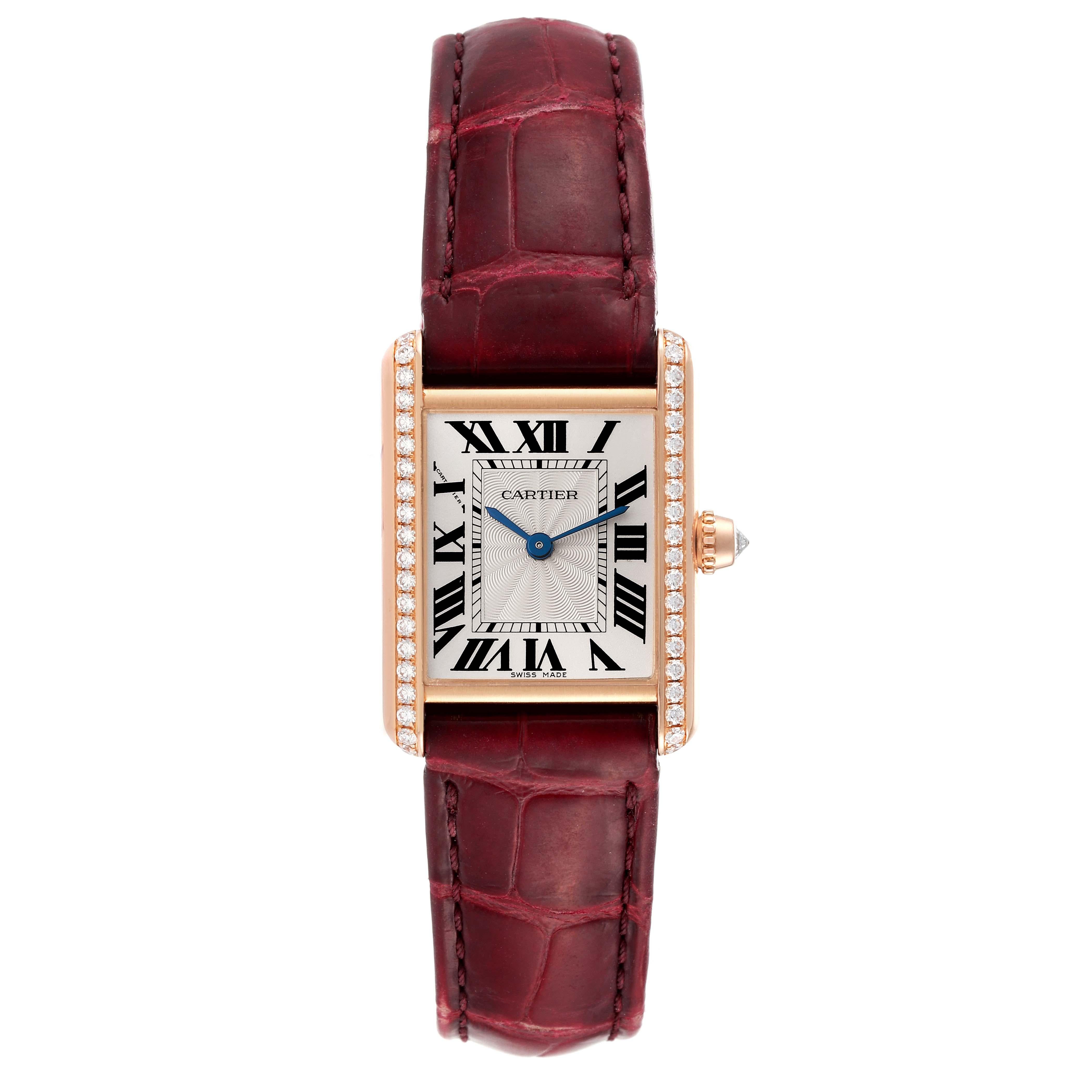 Cartier Tank Louis Rose Gold Diamond Burgundy Strap Ladies Watch WJTA0010 Card. Manual winding movement. 18k rose gold case 29.5 x 22.0 mm. Circular grained crown set with an original Cartier factory diamond. Original Cartier factory diamond bezel.