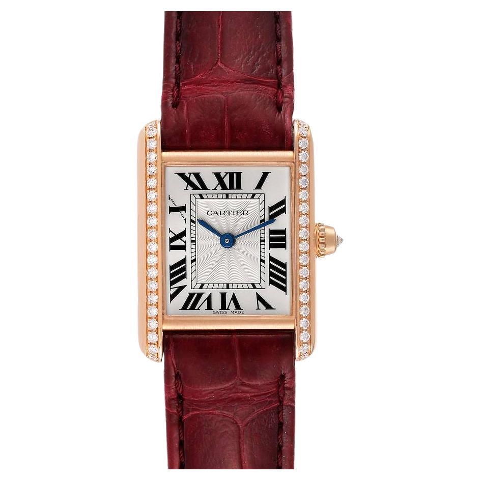 Cartier Tank Louis Rose Gold Diamond Burgundy Strap Ladies Watch WJTA0010 For Sale