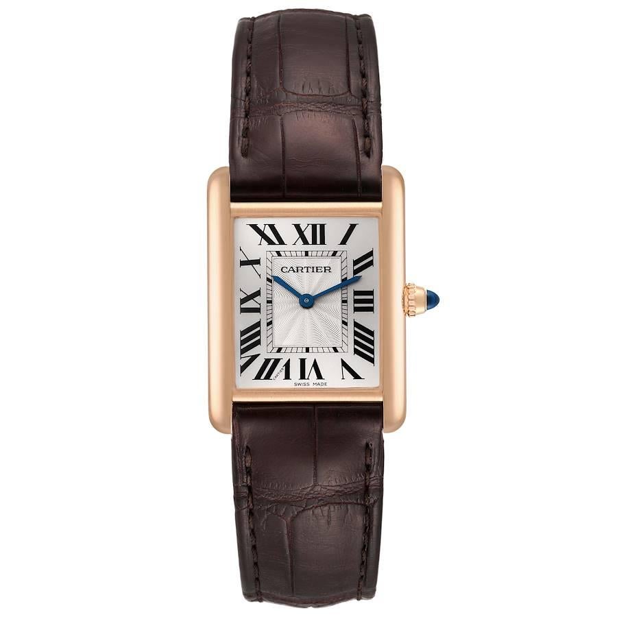 Cartier Tank Louis Rose Gold Mechanical Mens Watch WGTA0011 Card. Manual winding movement. 18k rose gold case 25 mm x 33 mm. Circular grained crown set with a blue sapphire cabochon. . Scratch resistant sapphire crystal. Silvered guilloche dial.