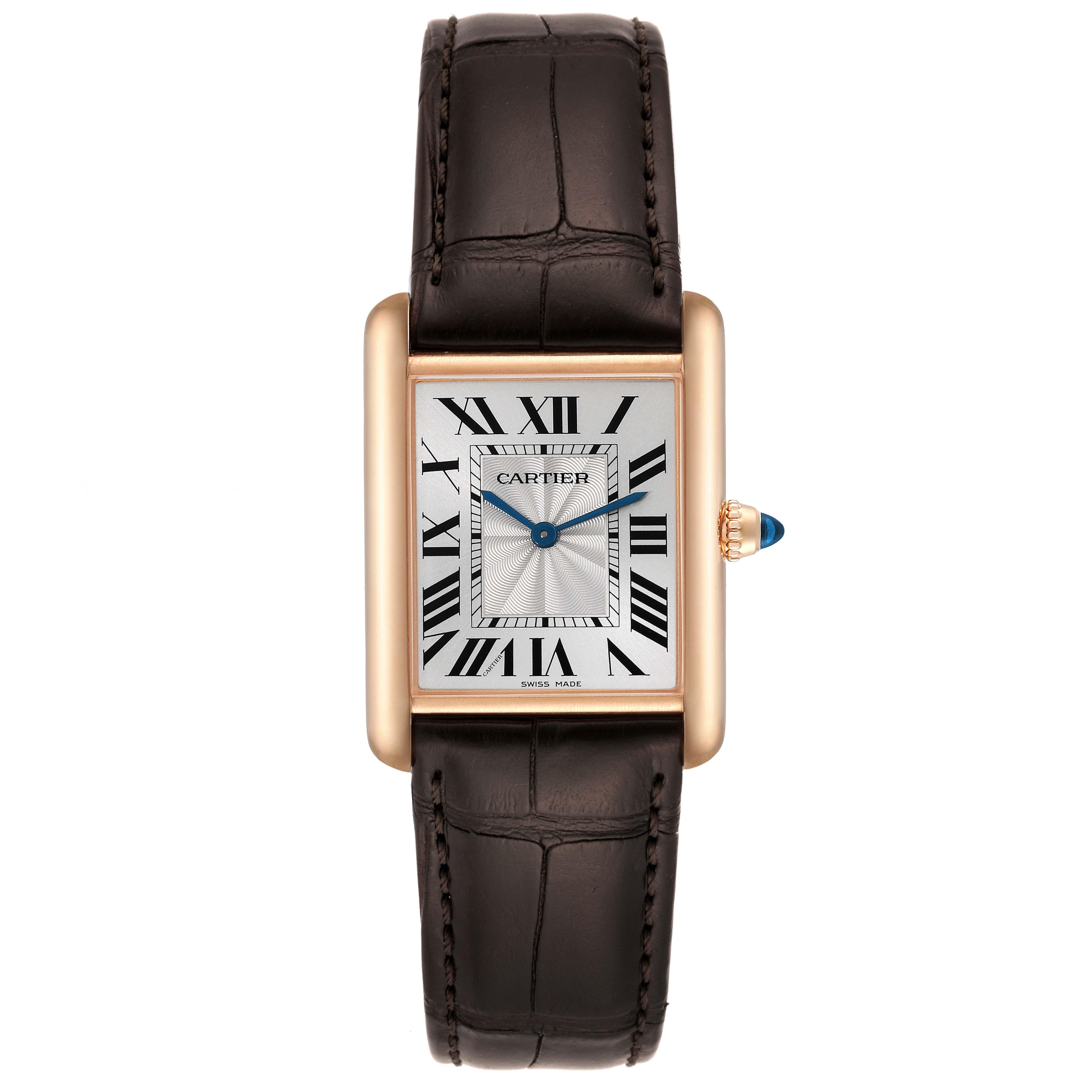 Cartier Tank Louis Rose Gold Mechanical Mens Watch WGTA0011 Card. Manual winding movement. 18k rose gold case 25 mm x 33 mm. Circular grained crown set with a blue sapphire cabochon. . Scratch resistant sapphire crystal. Silvered guilloche dial with