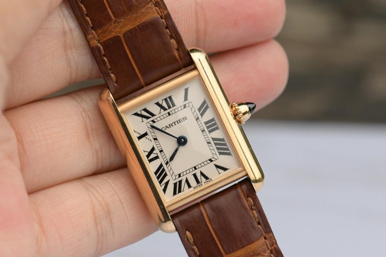Cartier Tank Louis Small Yellow Gold Brown Strap Ladies Watch W1529856 Box  Card