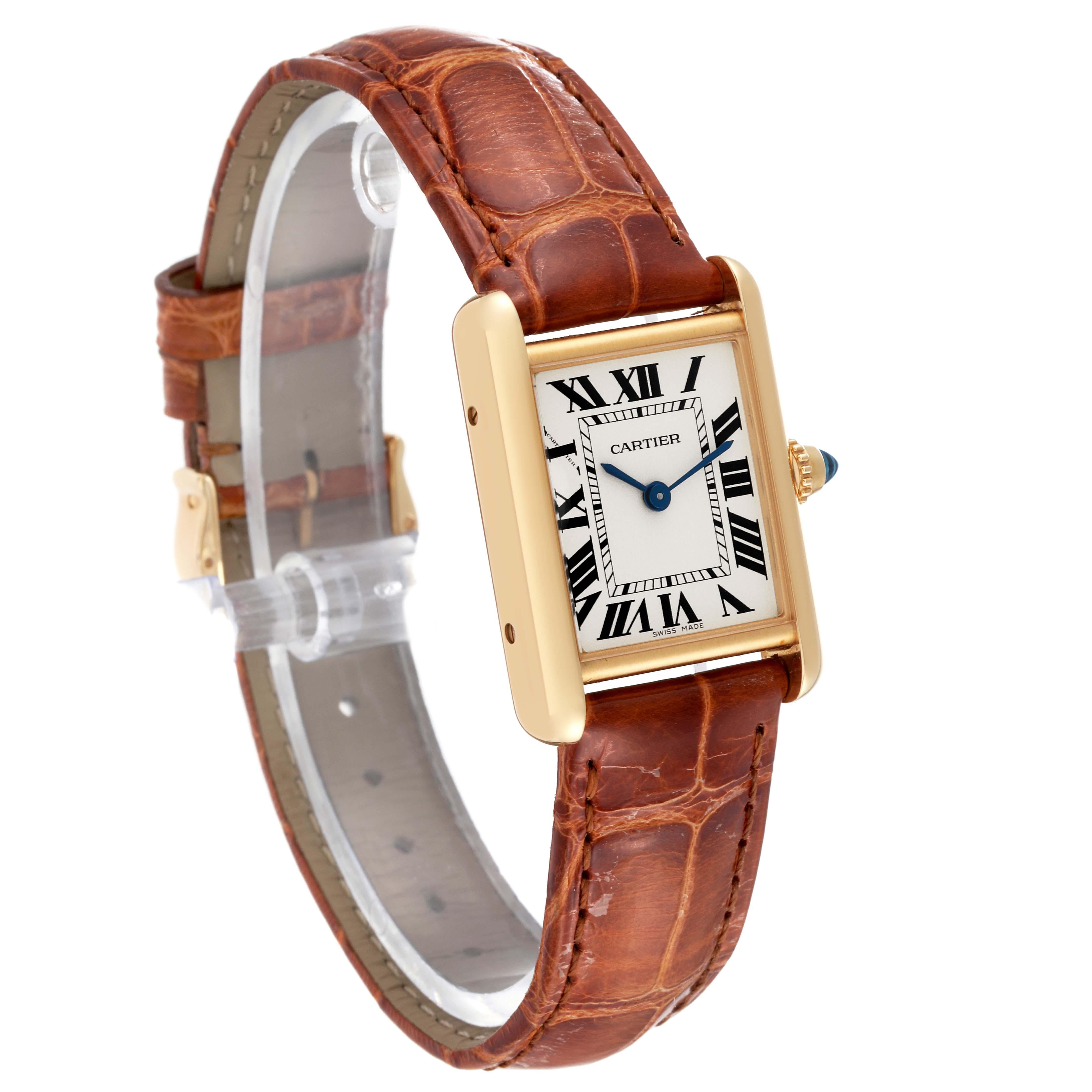 Cartier Tank Louis Small Yellow Gold Brown Strap Ladies Watch W1529856 Box Card In Excellent Condition In Atlanta, GA