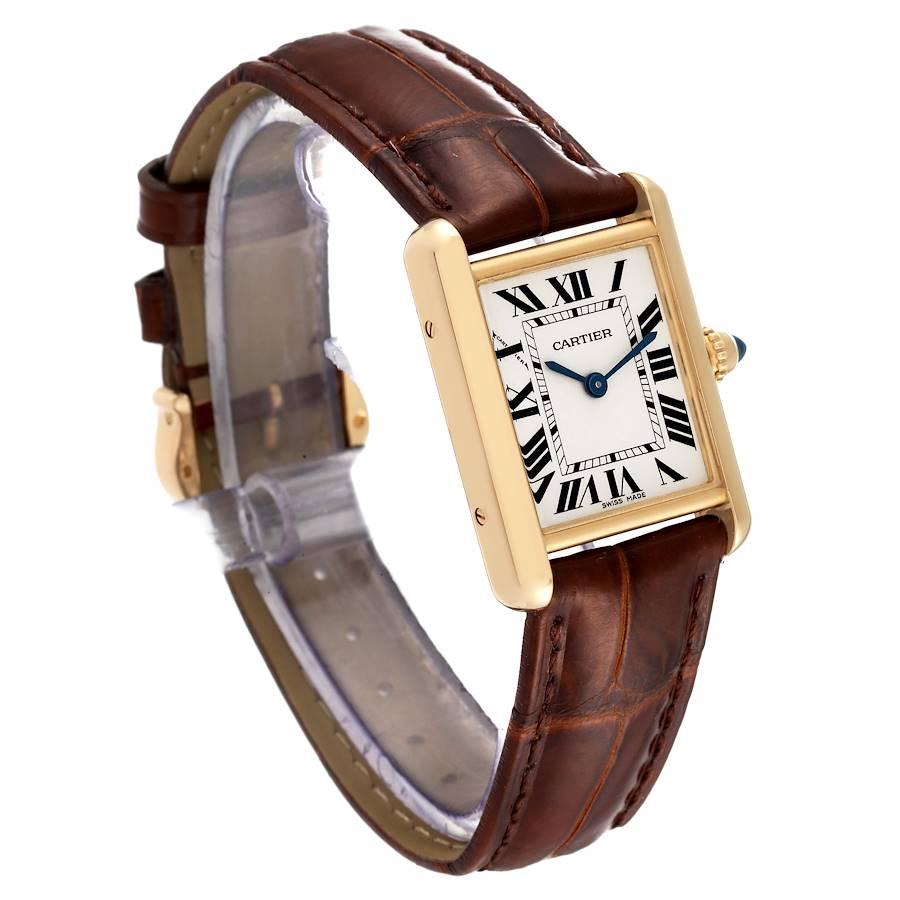 Cartier Tank Louis Small Yellow Gold Brown Strap Ladies Watch W1529856 Card In Excellent Condition In Atlanta, GA