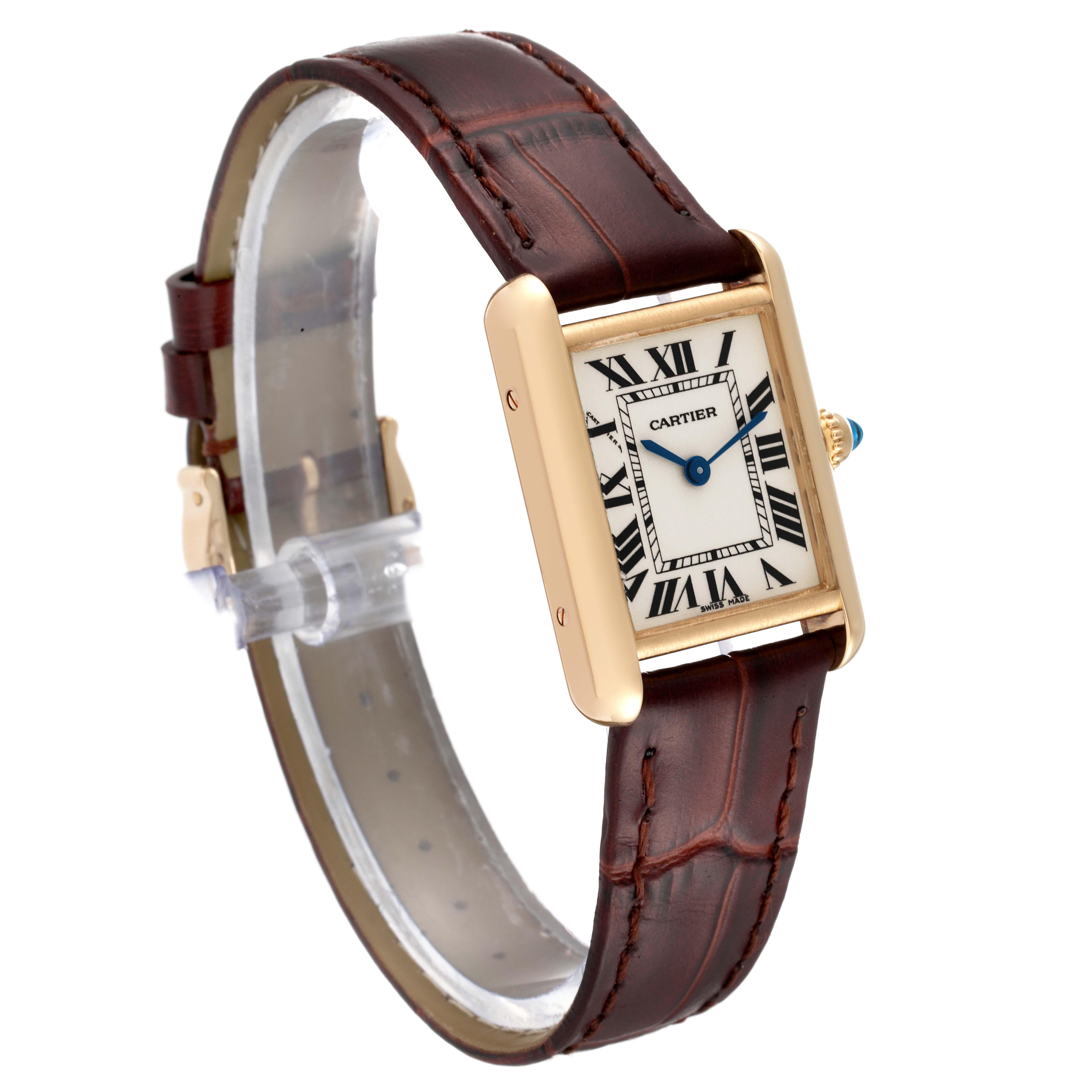 Cartier Tank Louis Small Yellow Gold Brown Strap Ladies Watch W1529856 Card In Excellent Condition In Atlanta, GA