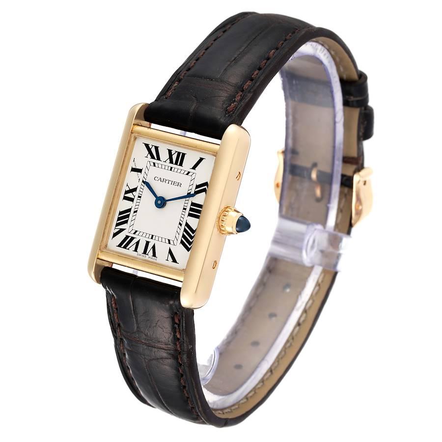 Cartier Tank Louis Small Yellow Gold Brown Strap Ladies Watch W1529856 Card In Excellent Condition In Atlanta, GA