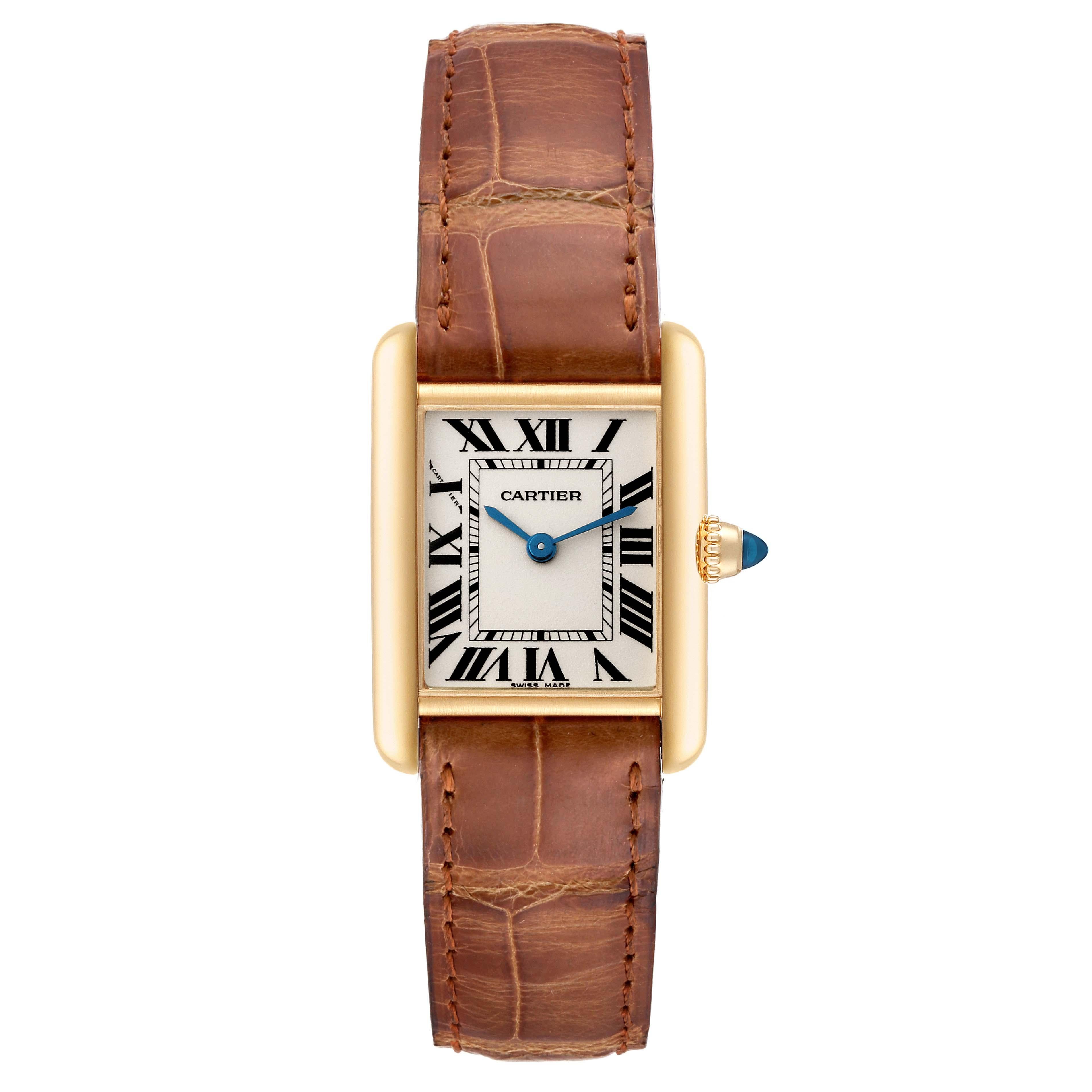 Cartier Tank Louis Small Yellow Gold Brown Strap Ladies Watch W1529856 Papers In Excellent Condition In Atlanta, GA