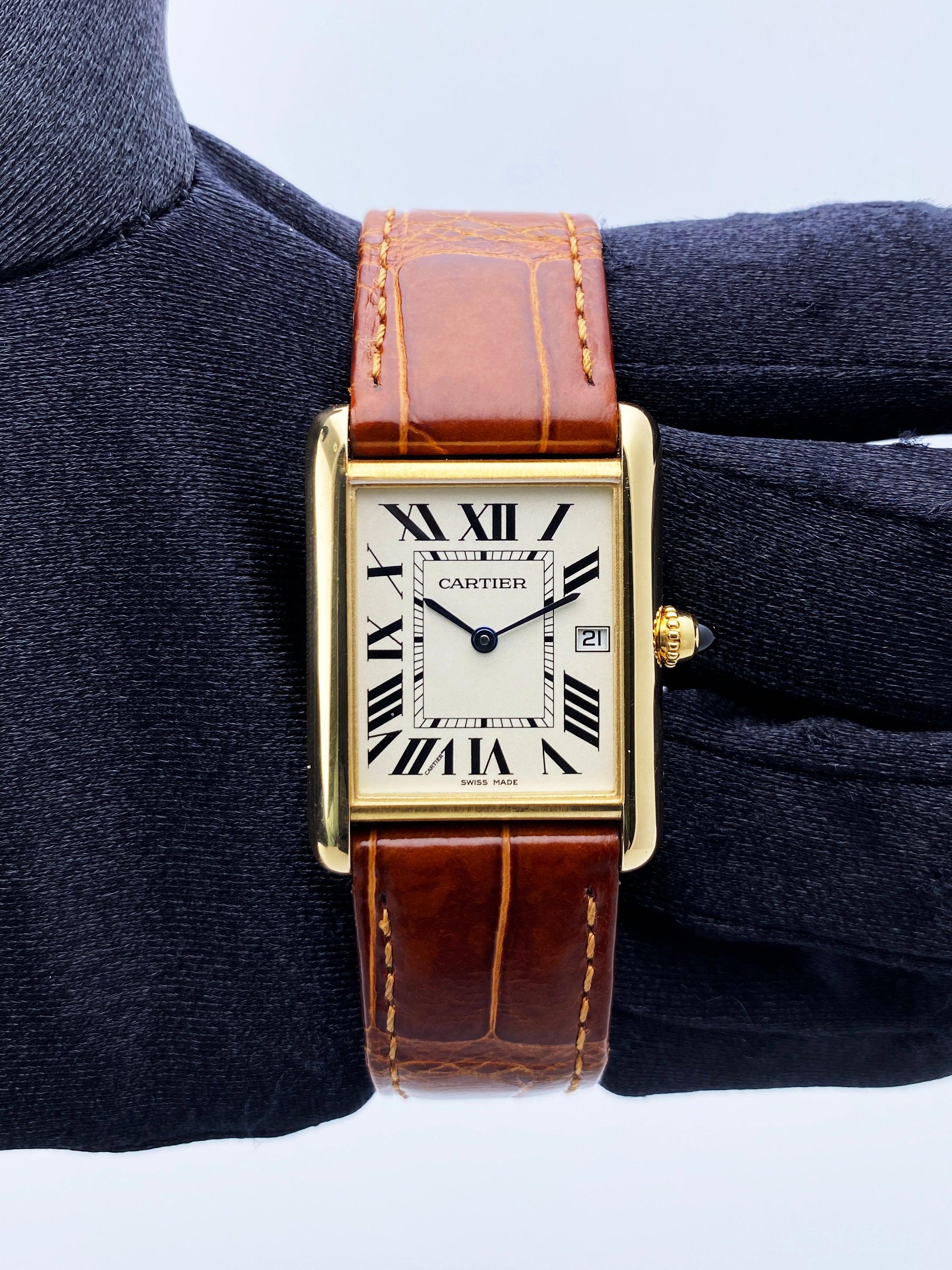Cartier Tank Louis W1529756 Mens Watch. 25.5mm 18K yellow gold case. 18K yellow gold smoothed bezel. White dial with blue hands and black Roman numeral hour markers. Minute markers on the inner dial. Brown crocodile leather strap with 18K