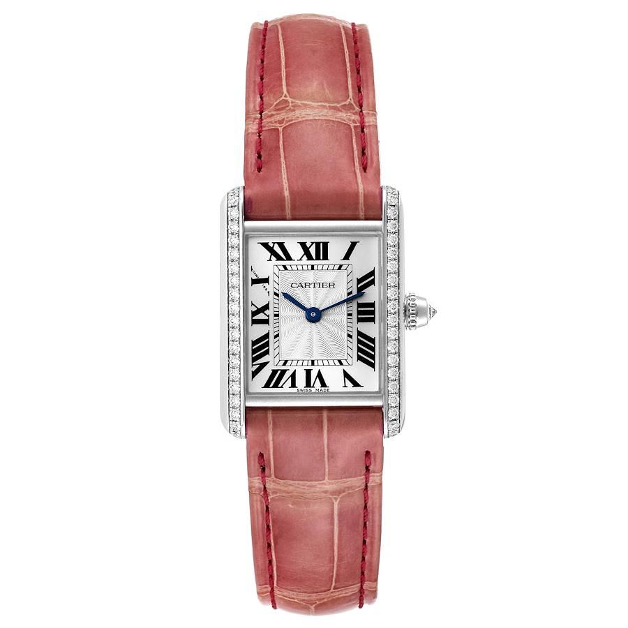 Cartier Tank Louis White Gold Diamond Pink Strap Ladies Watch WJTA0011 Box Paper. Manual winding movement. 18k white gold case 29.5 x 22.0 mm. Circular grained crown set with diamond. Original Cartier factory diamond bezel. Scratch resistant