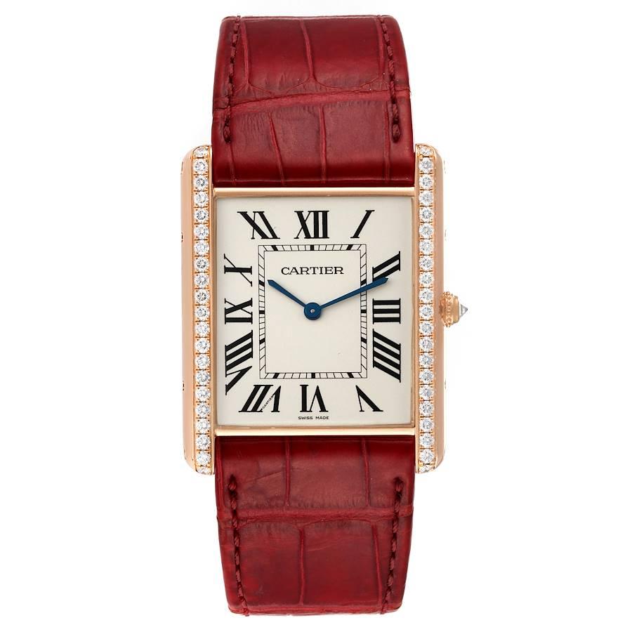 Cartier Tank Louis XL 18k Rose Gold Diamond Mens Watch WT200005. Manual-winding movement. 18k rose gold case 40.4 mm x 34.92 mm with a row of diamonds on the sides. Circular grained crown set with faceted diamond. Original Cartier factory diamond
