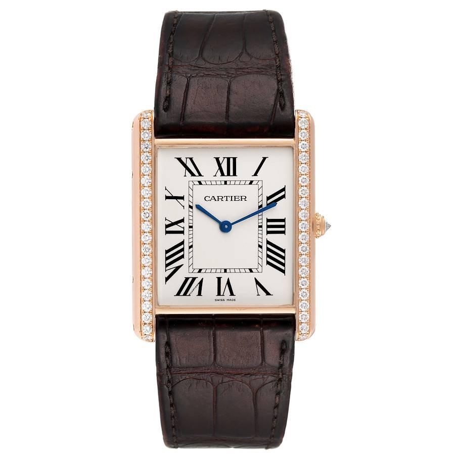 Cartier Tank Louis XL 18k Rose Gold Diamond Mens Watch WT200005. Manual-winding movement. 18k rose gold case 40.4 mm x 34.92 mm with a row of diamonds on the sides. Circular grained crown set with faceted diamond. . Mineral glass crystal. Silvered