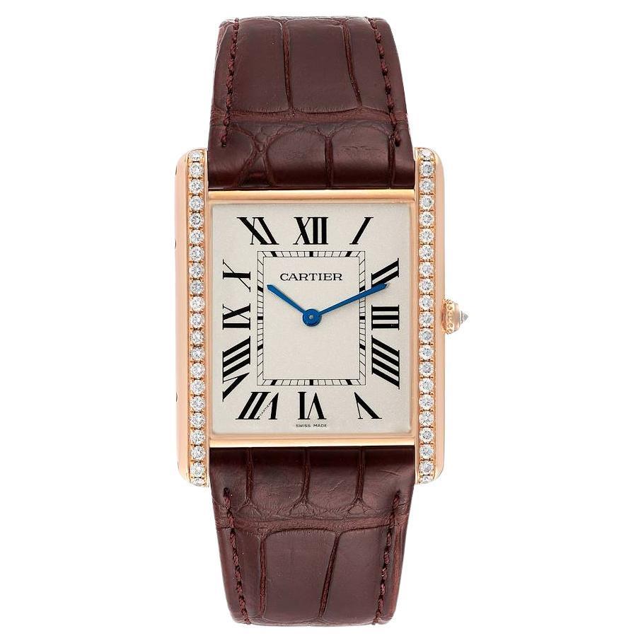 Cartier Tank Louis XL 18k Rose Gold Diamond Watch WT200005 Box Papers. Manual-winding movement. 18k rose gold case 40.4 mm x 34.92 mm with a row of diamonds on the sides. Circular grained crown set with faceted diamond. . Mineral glass crystal.