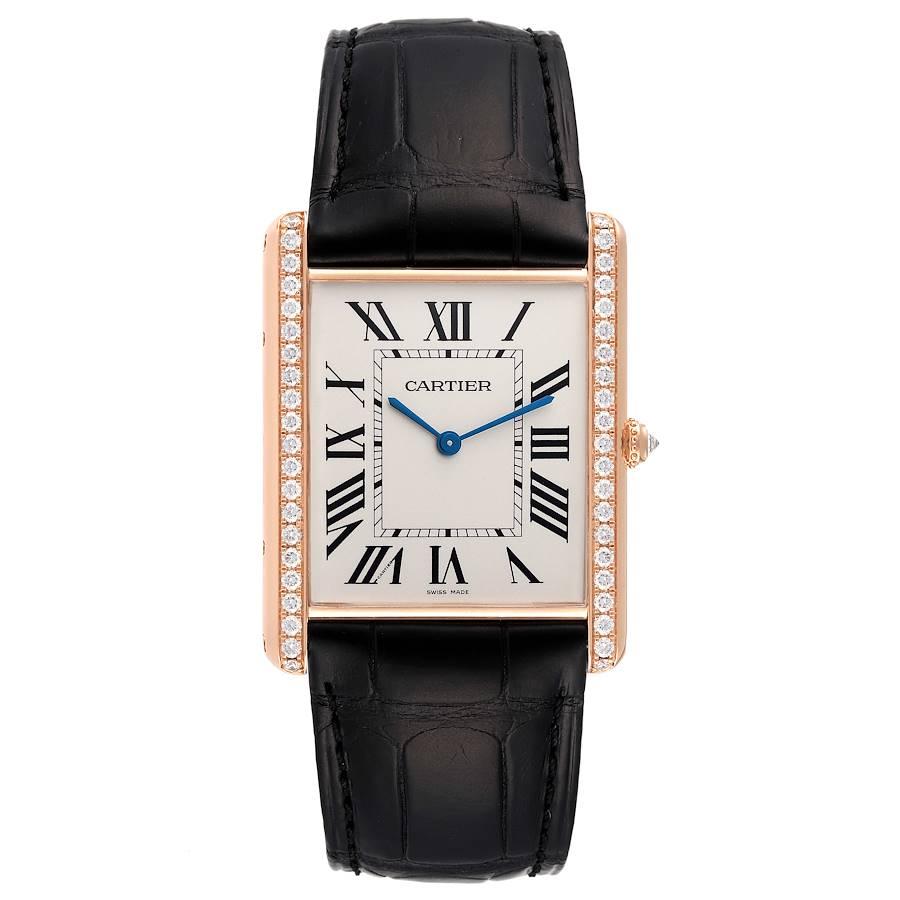Cartier Tank Louis XL 18k Rose Gold Diamond Watch WT200005. Manual-winding movement. 18k rose gold case 40.4 mm x 34.92 mm with a row of diamonds on the sides. Circular grained crown set with faceted diamond. . Mineral glass crystal. Silvered