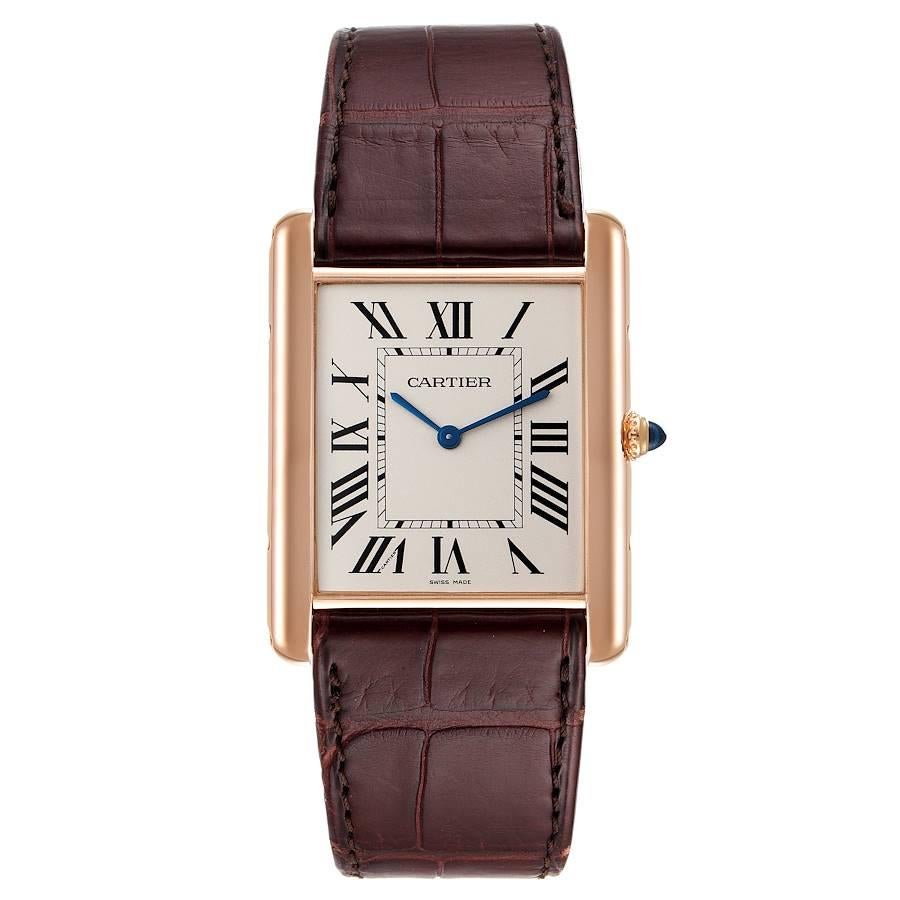 Cartier Tank Louis XL 18k Rose Gold Manual Winding Watch W1560017. Manual-winding movement. 18k rose gold case 40.4 mm x 34.92 mm. Case thickness: 5.1 mm. Circular grained crown set with the blue sapphire cabochon. . Mineral glass crystal. Silvered