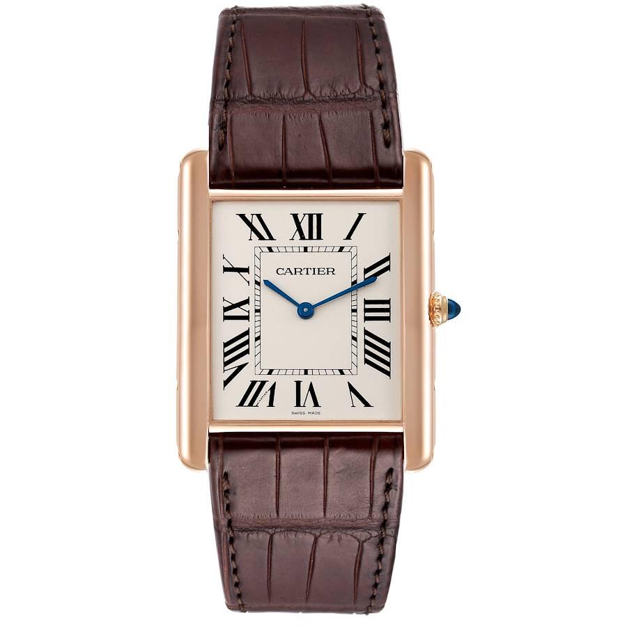 Cartier Tank Louis XL 18k Rose Gold Manual Winding Watch W1560017. Manual-winding movement. 18k rose gold case 40.4 mm x 34.92 mm. Case thickness: 5.1 mm. Circular grained crown set with the blue sapphire cabochon. . Mineral glass crystal. Silvered