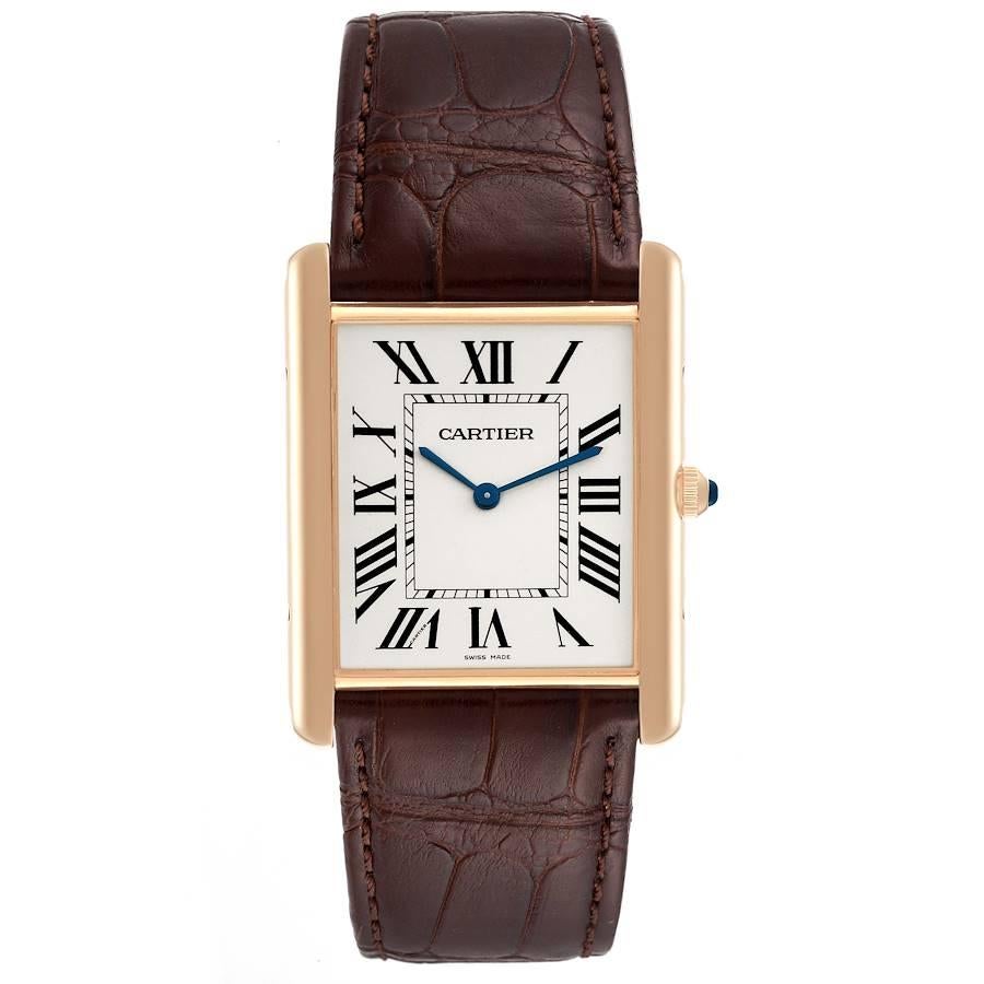 Cartier Tank Louis XL 18k Rose Gold Manual Winding Watch W1560017. Manual-winding movement. 18k rose gold case 40.4 mm x 34.92 mm. Case thickness: 5.1 mm. Circular grained crown set with the blue sapphire cabochon. . Mineral crystal. Silvered
