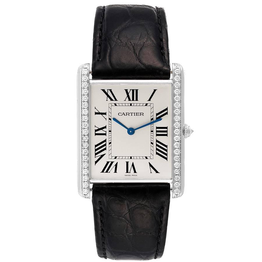 Cartier Tank Louis XL 18k White Gold Diamond Mens Watch WT200006. Manual-winding movement. 18k white gold case 40.4 mm x 34.92 mm with a row of diamonds on the sides. Circular grained crown set with faceted diamond. Original Cartier factory diamond