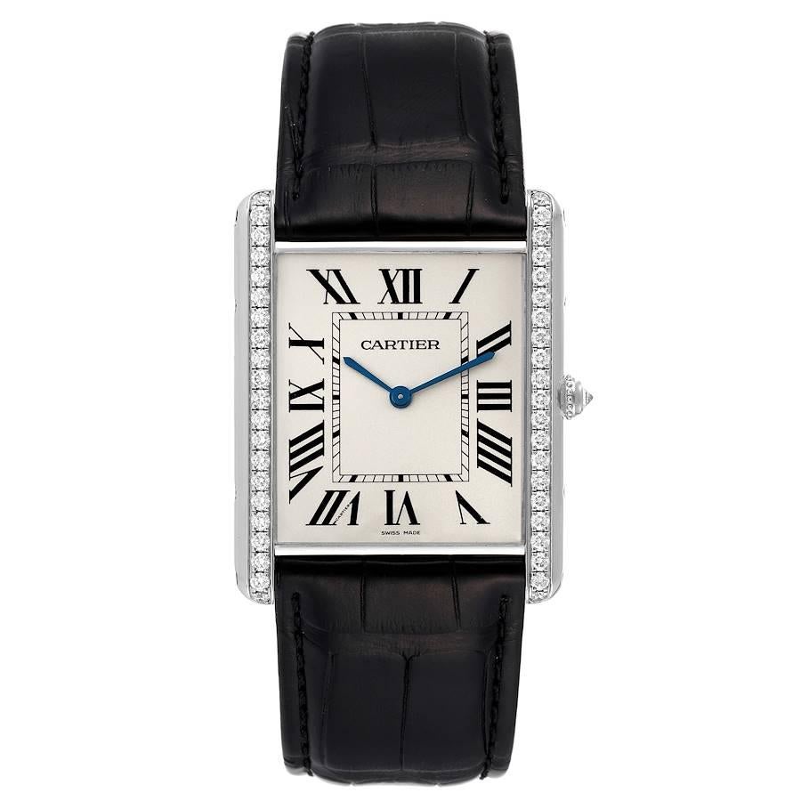 Cartier Tank Louis XL 18k White Gold Diamond Mens Watch WT200006. Manual-winding movement. 18k white gold case 40.4 mm x 34.92 mm with a row of diamonds on the sides. Circular grained crown set with faceted diamond. . Mineral glass crystal. Silvered