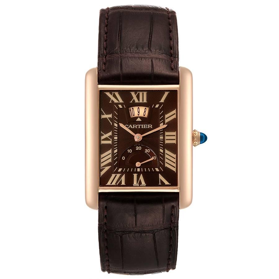 Cartier Tank Louis XL Power Reserve 18k Rose Gold Watch W1560002. Manual-winding movement. 18k rose gold case 29.2 x 38.0 mm. Circular grained crown set with the blue sapphire cabochon. . Scratch resistant sapphire crystal. Brown guilloche dial.