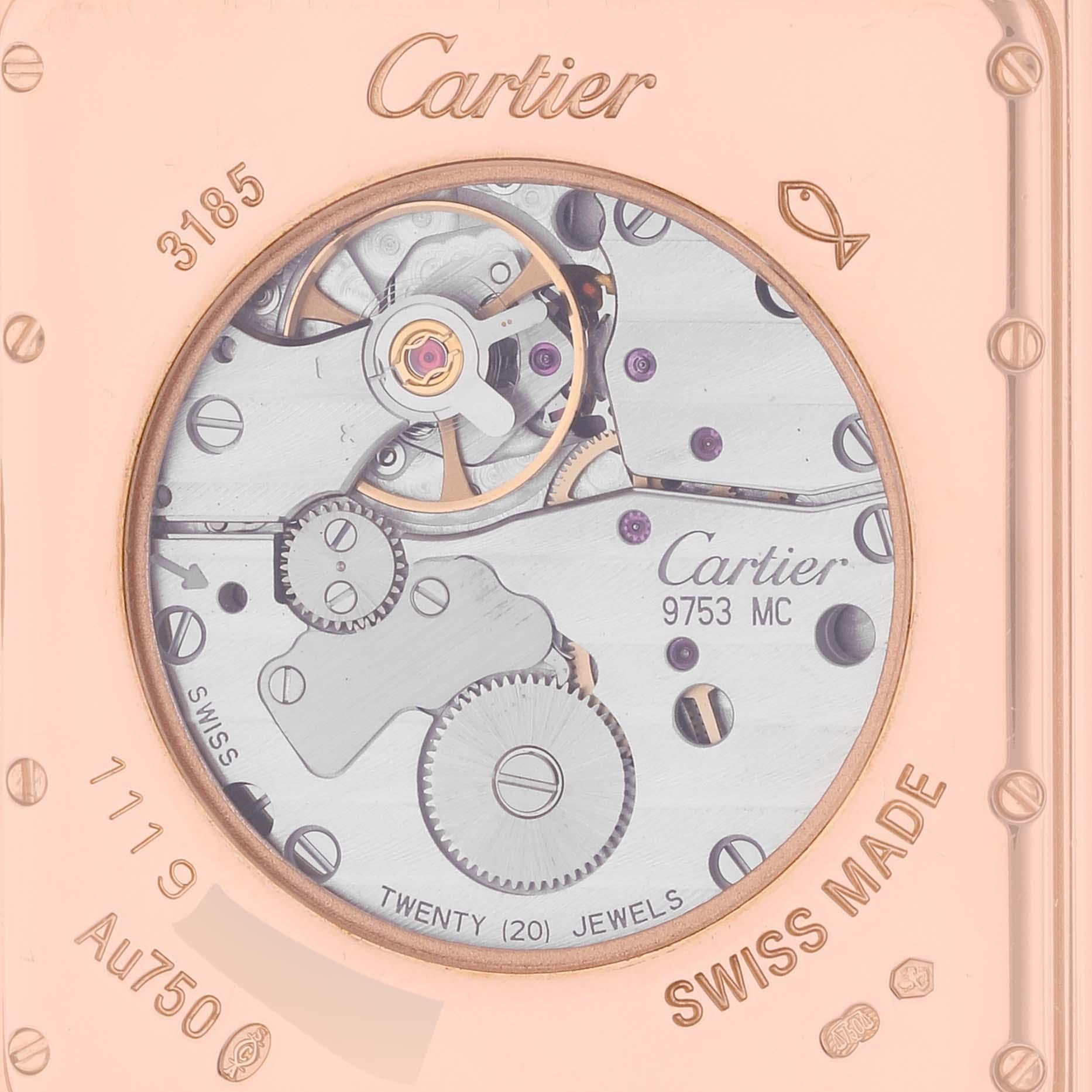 Cartier Tank Louis XL Power Reserve Rose Gold Mens Watch W1560003. Manual-winding movement. 18k rose gold case 39 mm x 30 mm. Circular grained crown set with a blue sapphire cabochon. Transparent exhibition sapphire crystal caseback. . Scratch