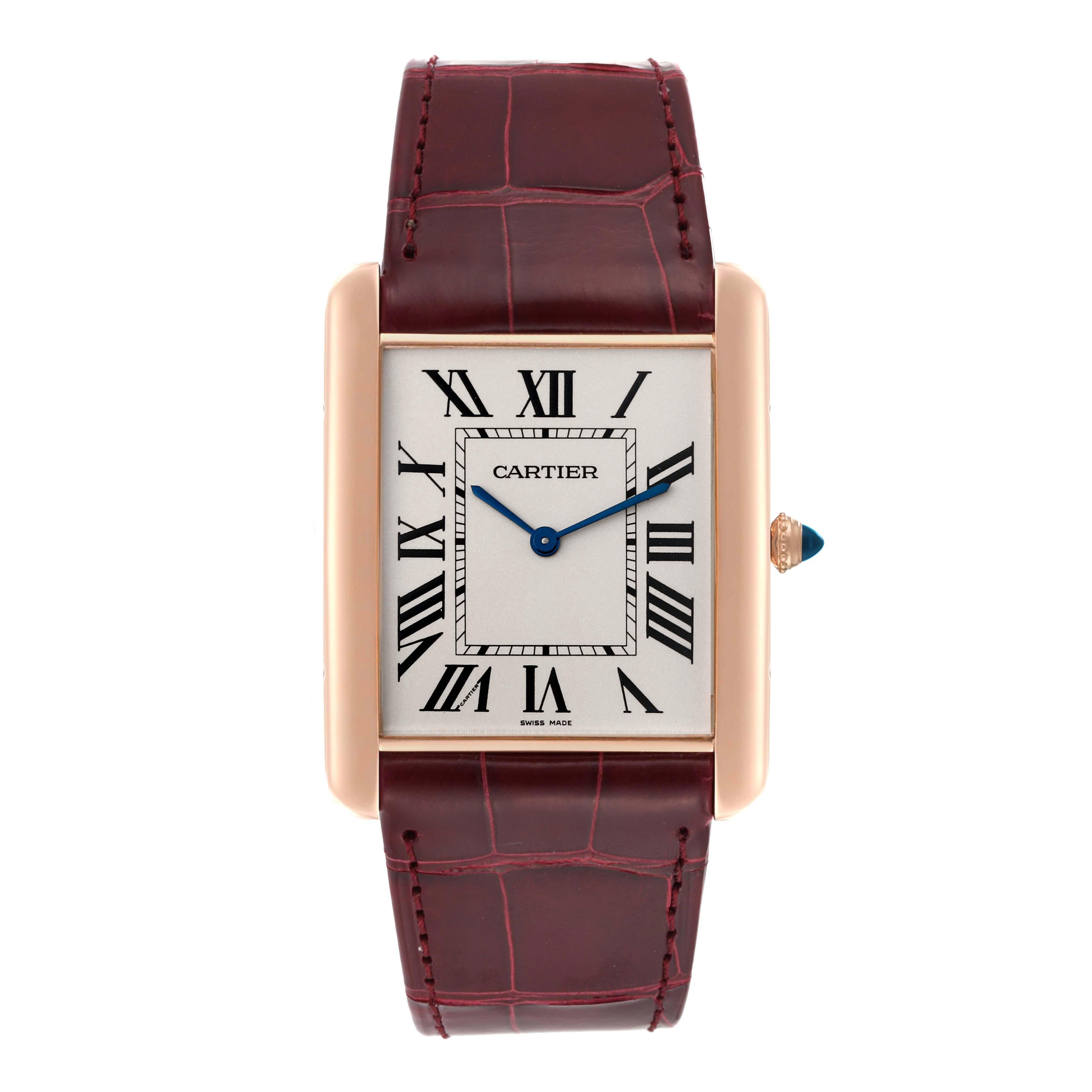 Cartier Tank Louis XL Rose Gold Manual Winding Mens Watch W1560017 Box Papers. Manual-winding movement. 18k rose gold case 40.4 mm x 34.92 mm. Case thickness: 5.1 mm. Circular grained crown set with a blue sapphire cabochon. . Mineral crystal.