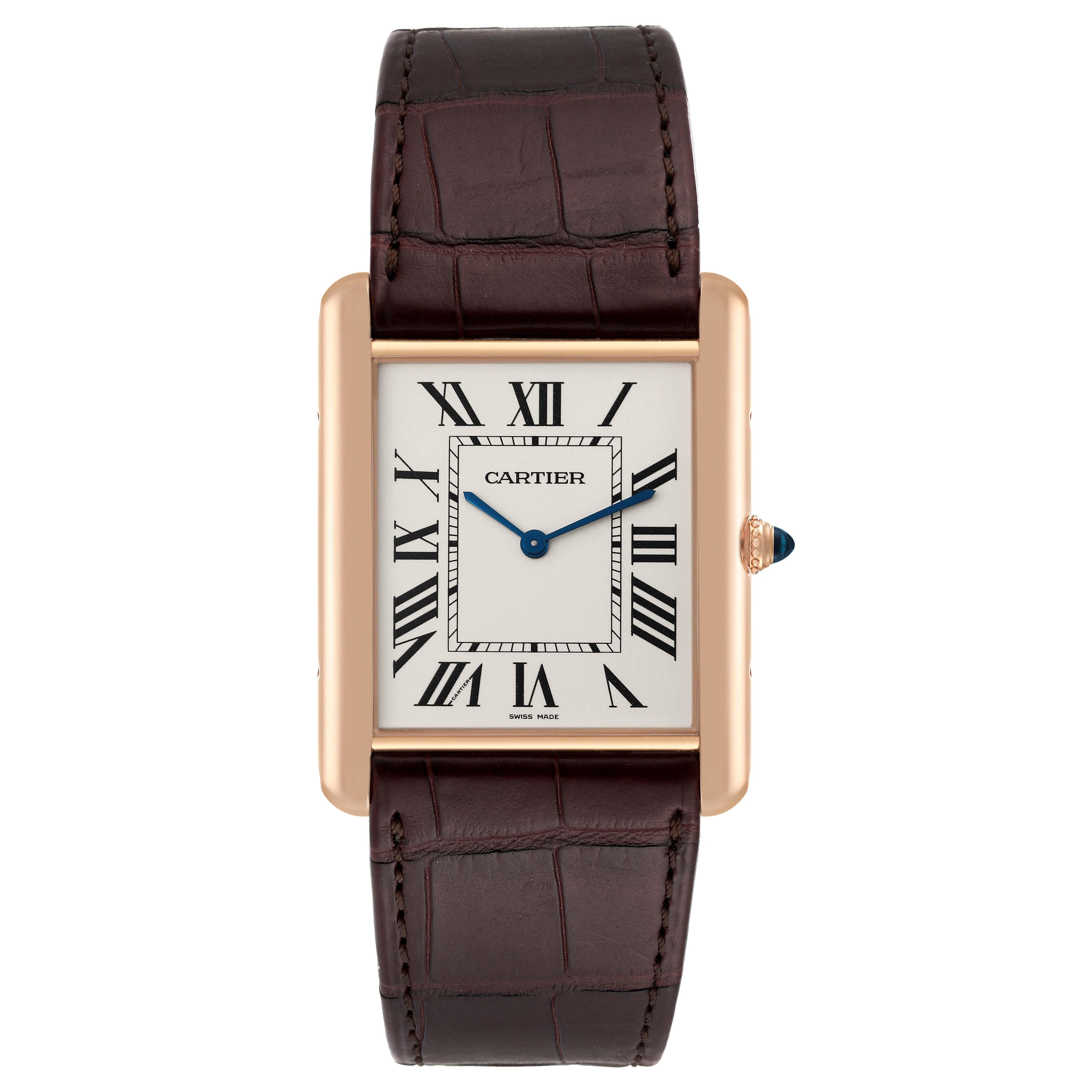 Cartier Tank Louis XL Rose Gold Manual Winding Mens Watch W1560017. Manual-winding movement. 18k rose gold case 40.4 mm x 34.92 mm. Case thickness: 5.1 mm. Circular grained crown set with the blue sapphire cabochon. . Mineral crystal. Silvered