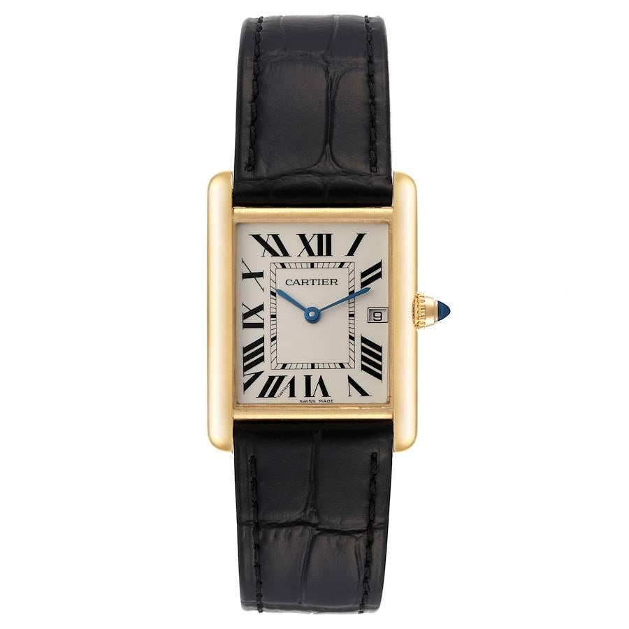 Cartier Tank Louis Yellow Gold Black Strap Mens Watch W1529756 Card. Quartz movement. 18k yellow gold case 25.0 x 33.0 mm. Circular grained crown set with the blue sapphire cabochon. . Scratch resistant sapphire crystal. Silvered grained dial.