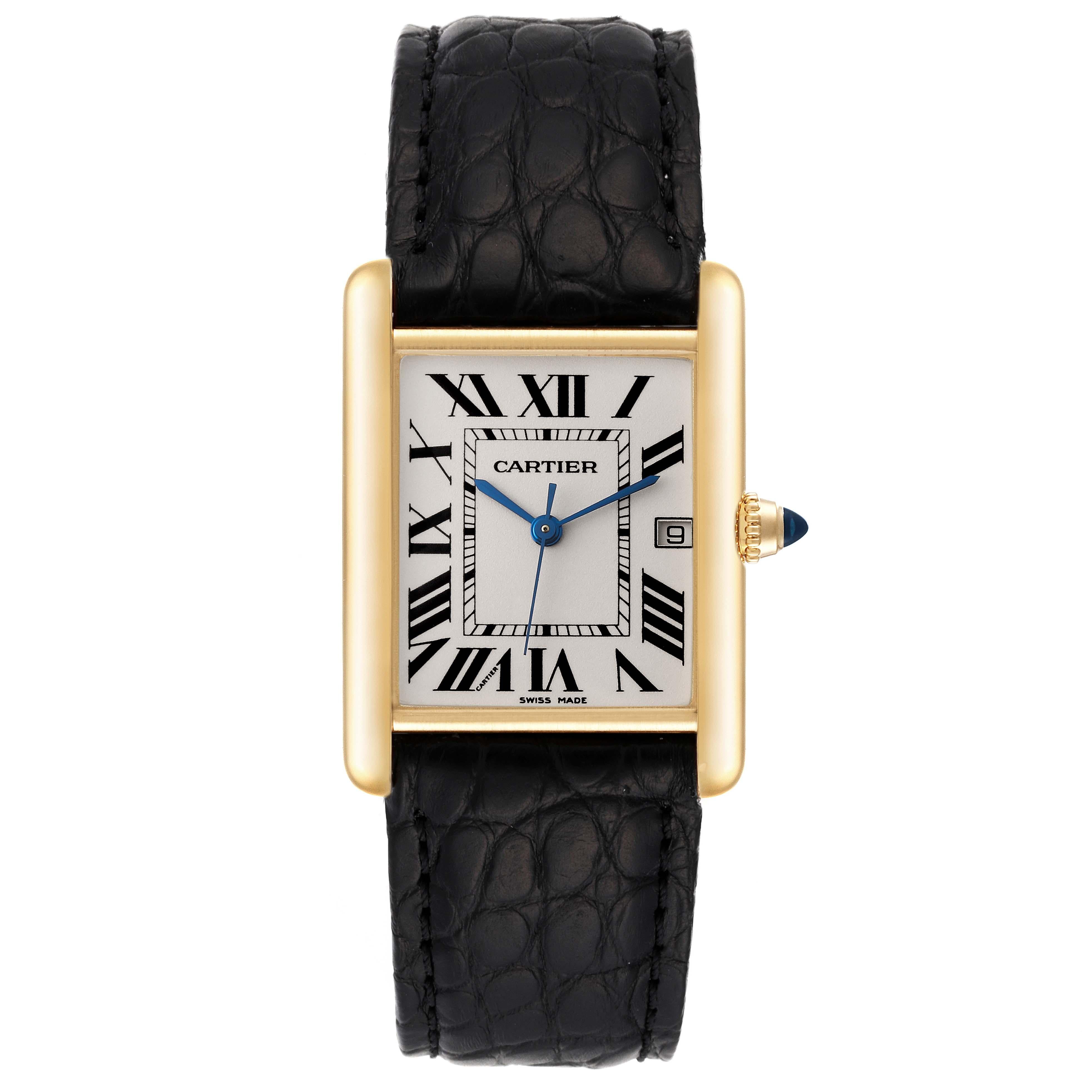 Cartier Tank Louis Yellow Gold Black Strap Mens Watch W1529756. Quartz movement. 18k yellow gold case 25.0 x 33.0 mm. Circular grained crown set with a blue sapphire cabochon. . Scratch resistant sapphire crystal. Silvered grained dial. Black roman