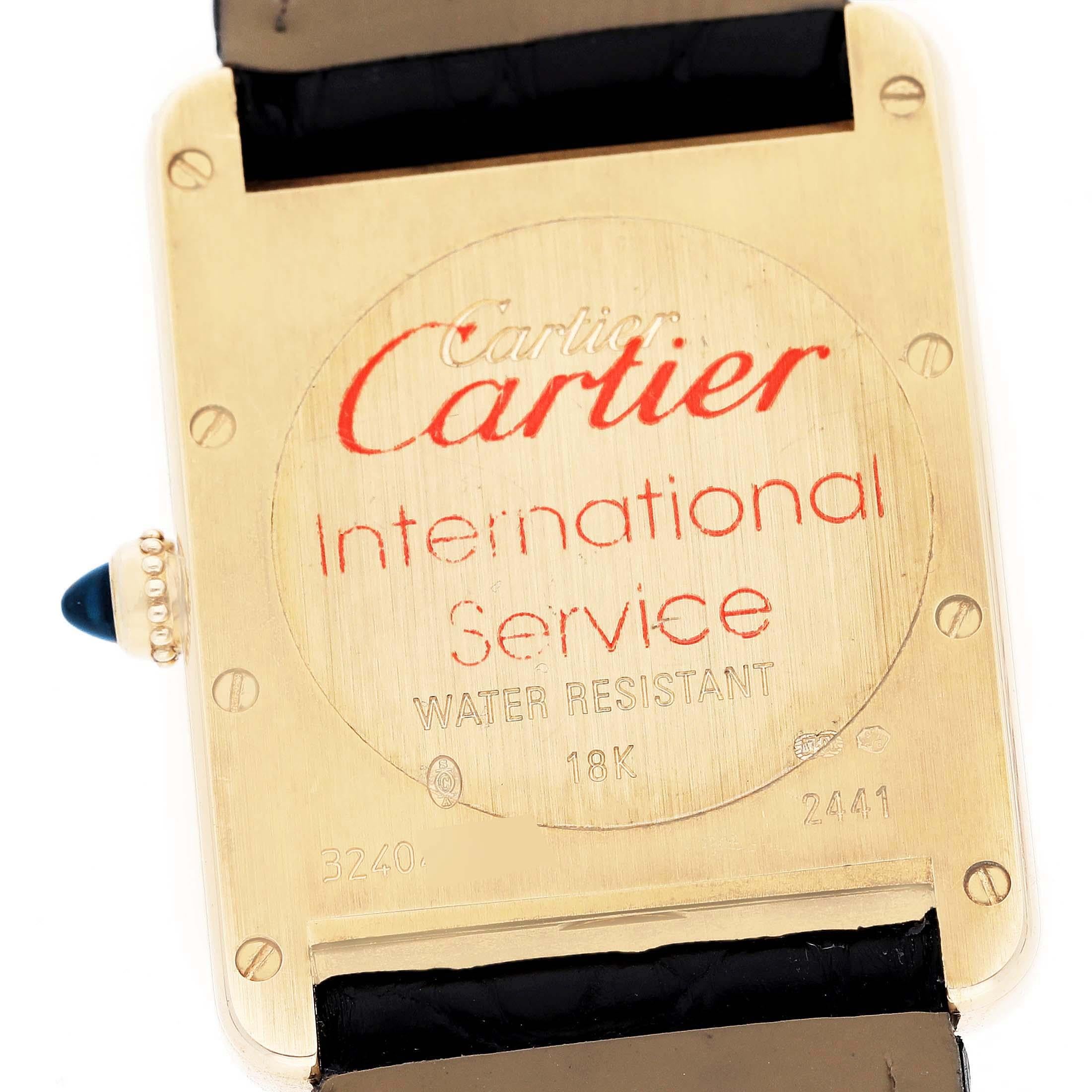 Cartier Tank Louis Yellow Gold Black Strap Mens Watch W1529756 In Excellent Condition In Atlanta, GA