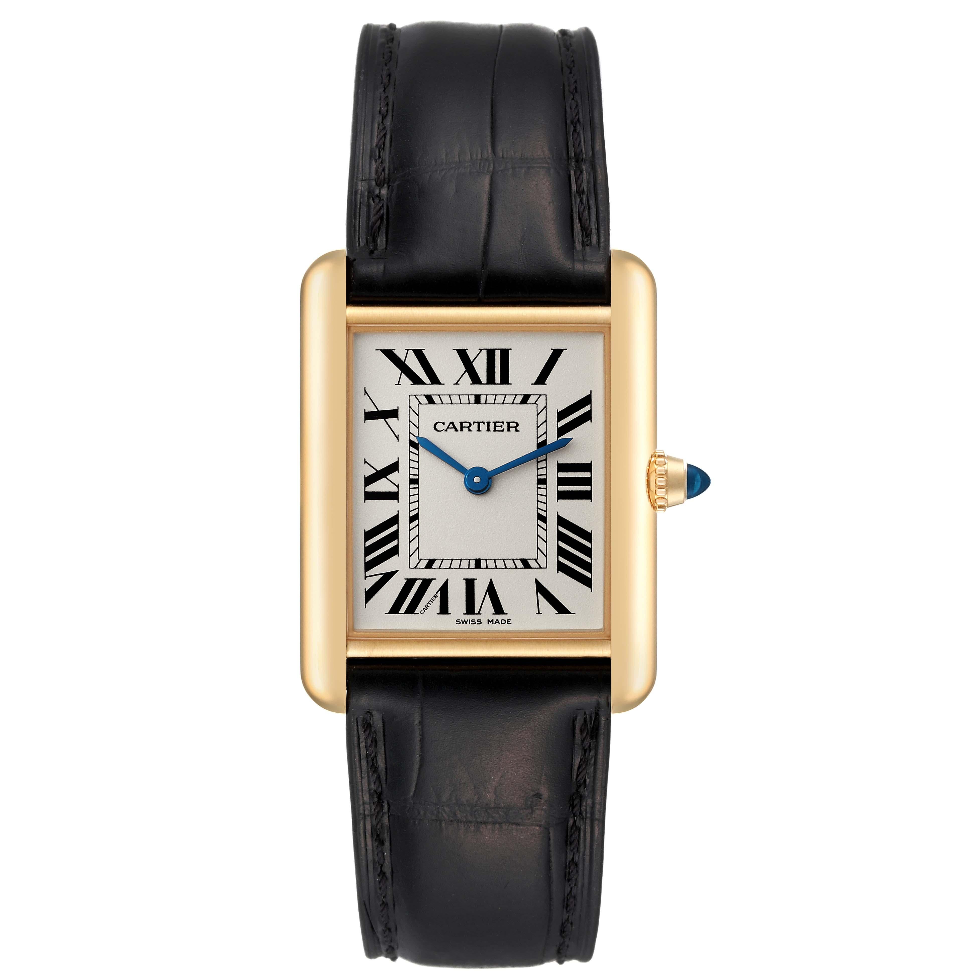 Cartier Tank Louis Yellow Gold Black Strap Mens Watch WGTA0067 Card For Sale 1