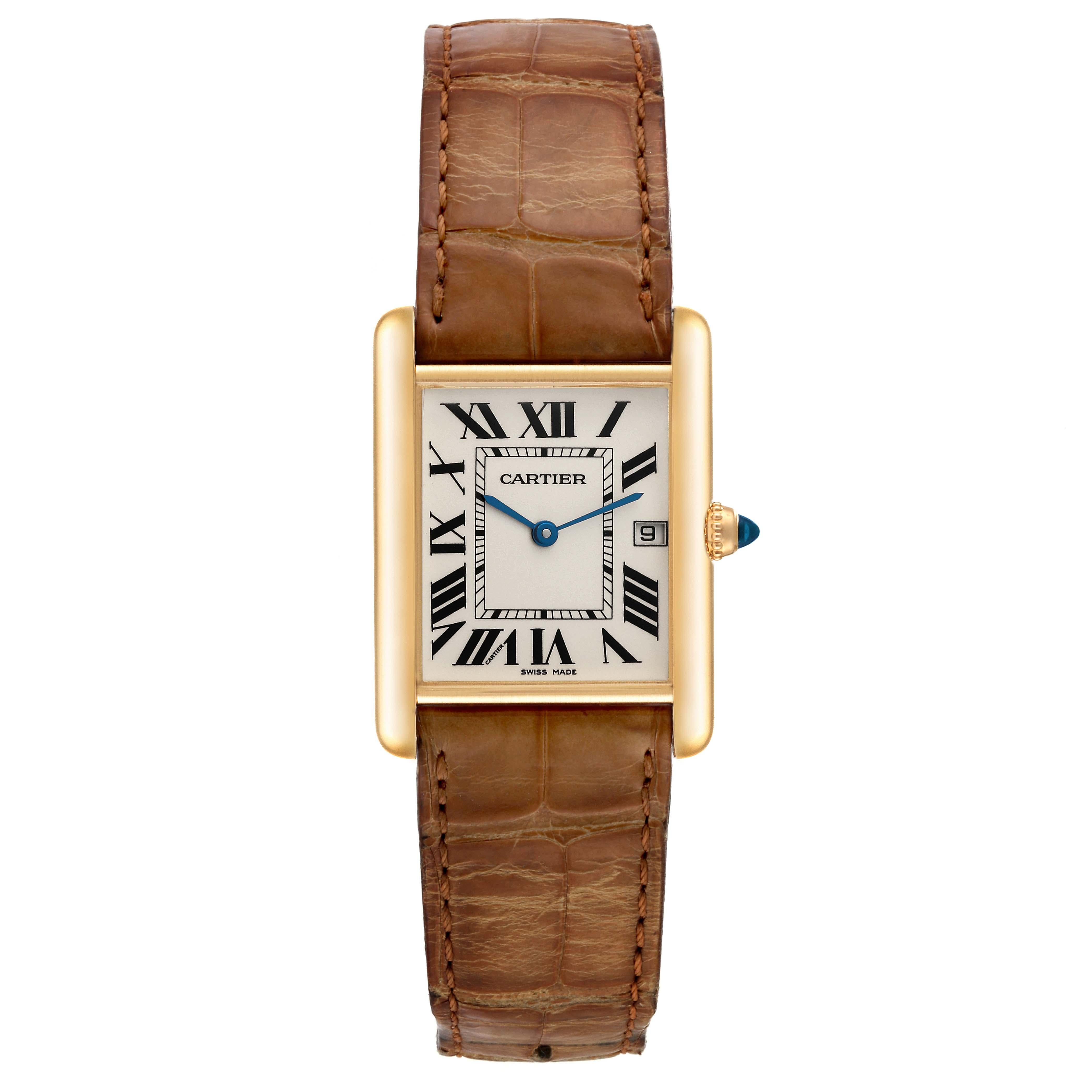 Cartier Tank Louis Yellow Gold Brown Leather Strap Mens Watch W1529756 Card In Excellent Condition In Atlanta, GA