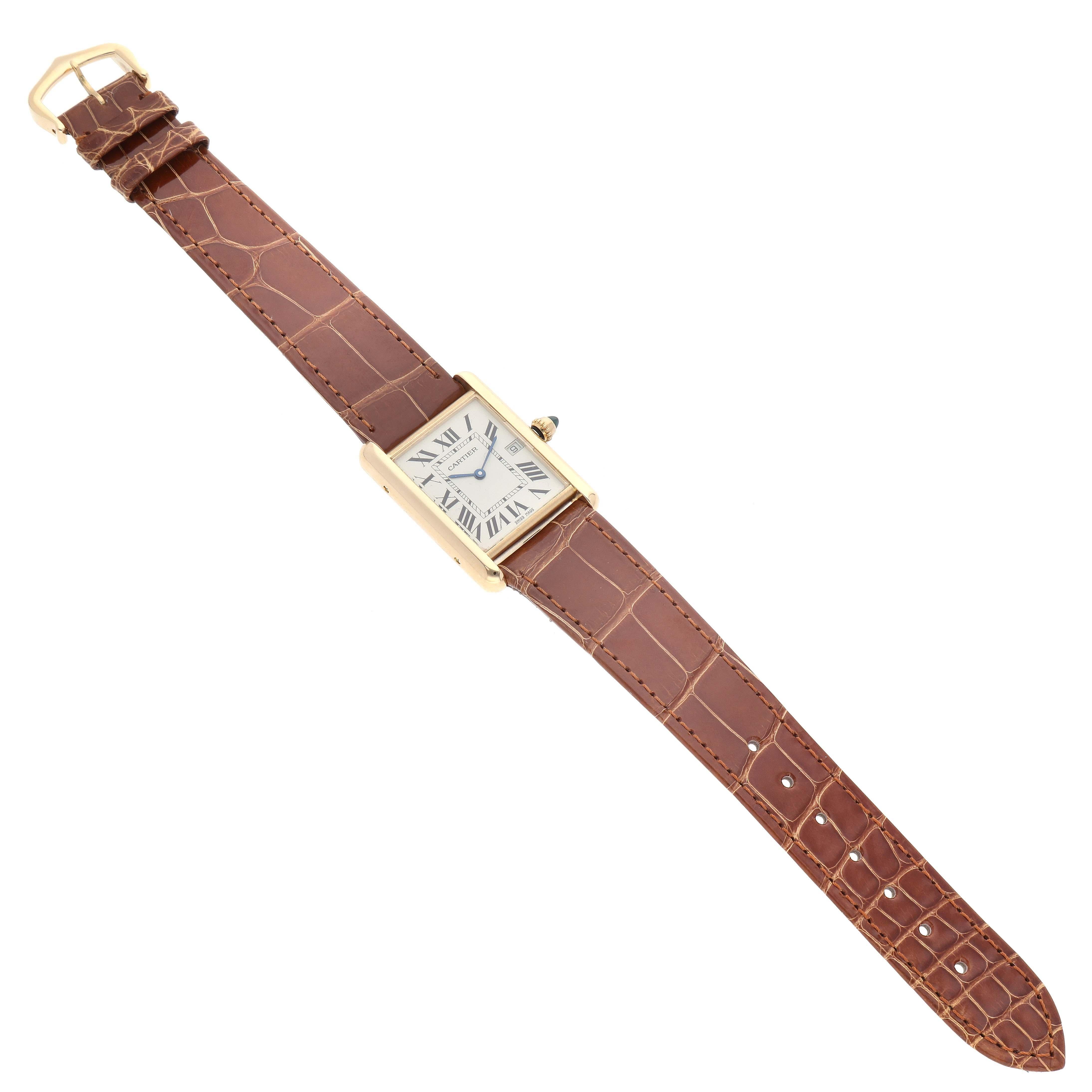 Cartier Tank Louis Yellow Gold Brown Leather Strap Mens Watch W1529756 Card In Excellent Condition For Sale In Atlanta, GA