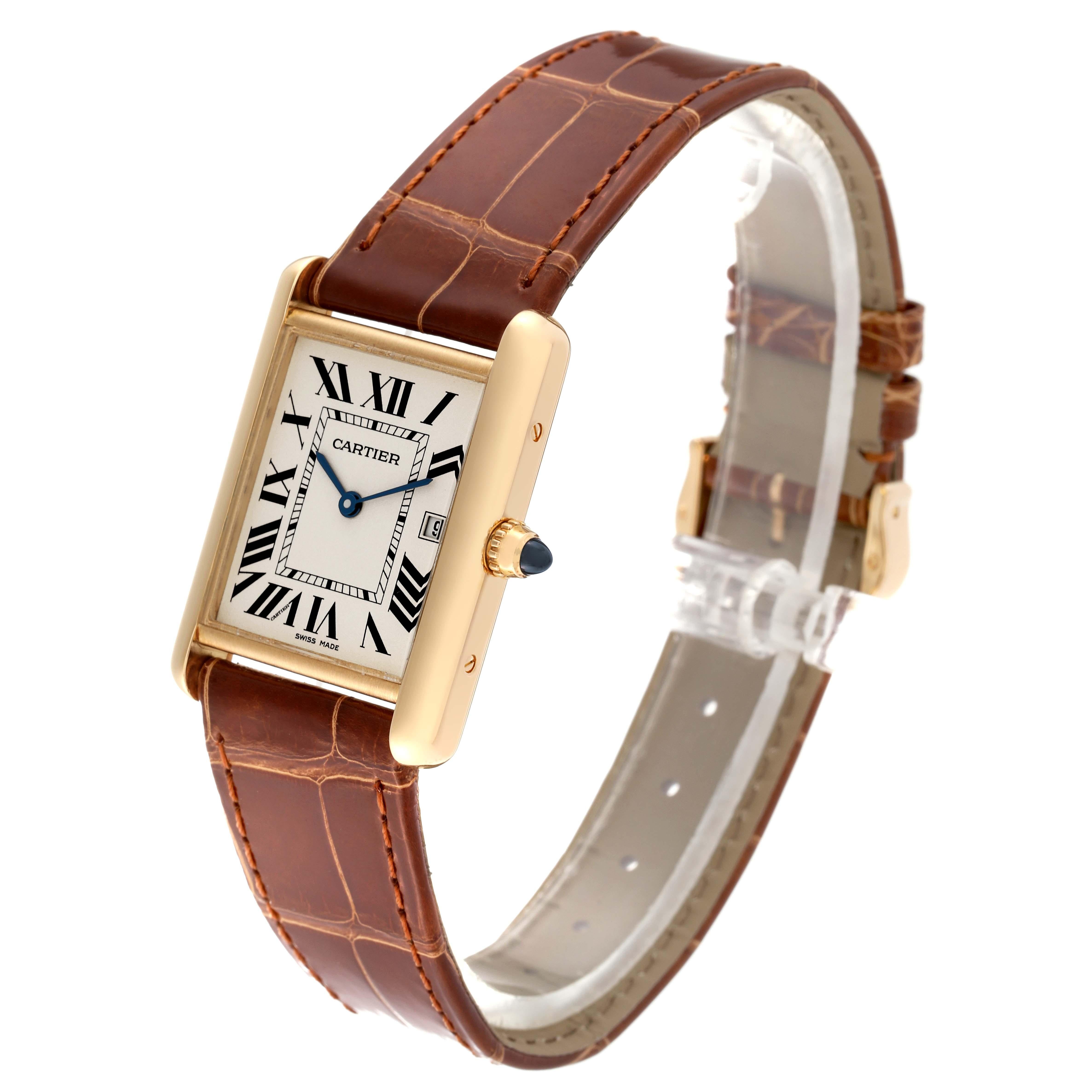 Men's Cartier Tank Louis Yellow Gold Brown Leather Strap Mens Watch W1529756 Card For Sale