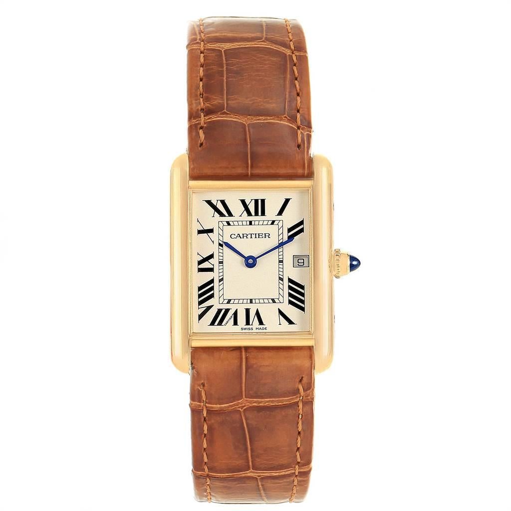 Cartier Tank Louis Yellow Gold Brown Strap Watch W1529756 Box Papers In Excellent Condition For Sale In Atlanta, GA