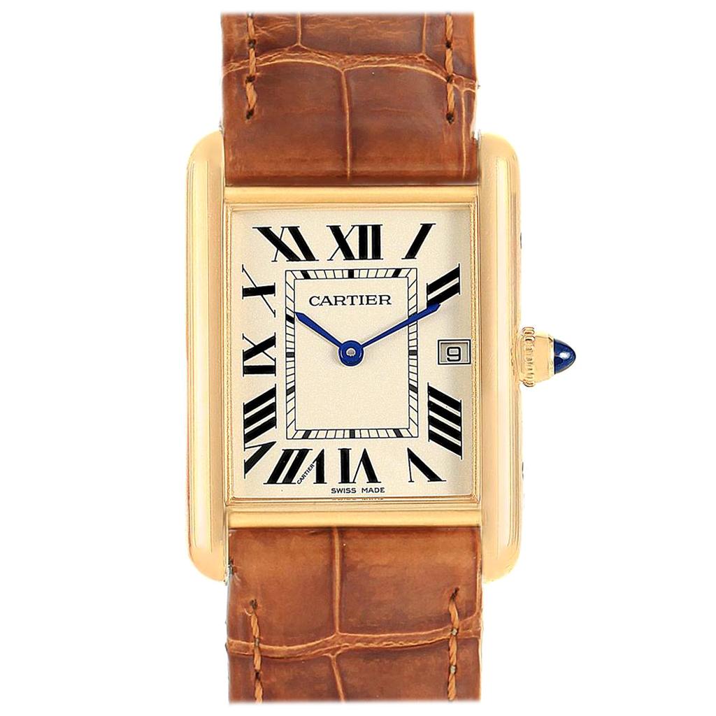Cartier Tank Louis Yellow Gold Brown Strap Watch W1529756 Box Papers For Sale